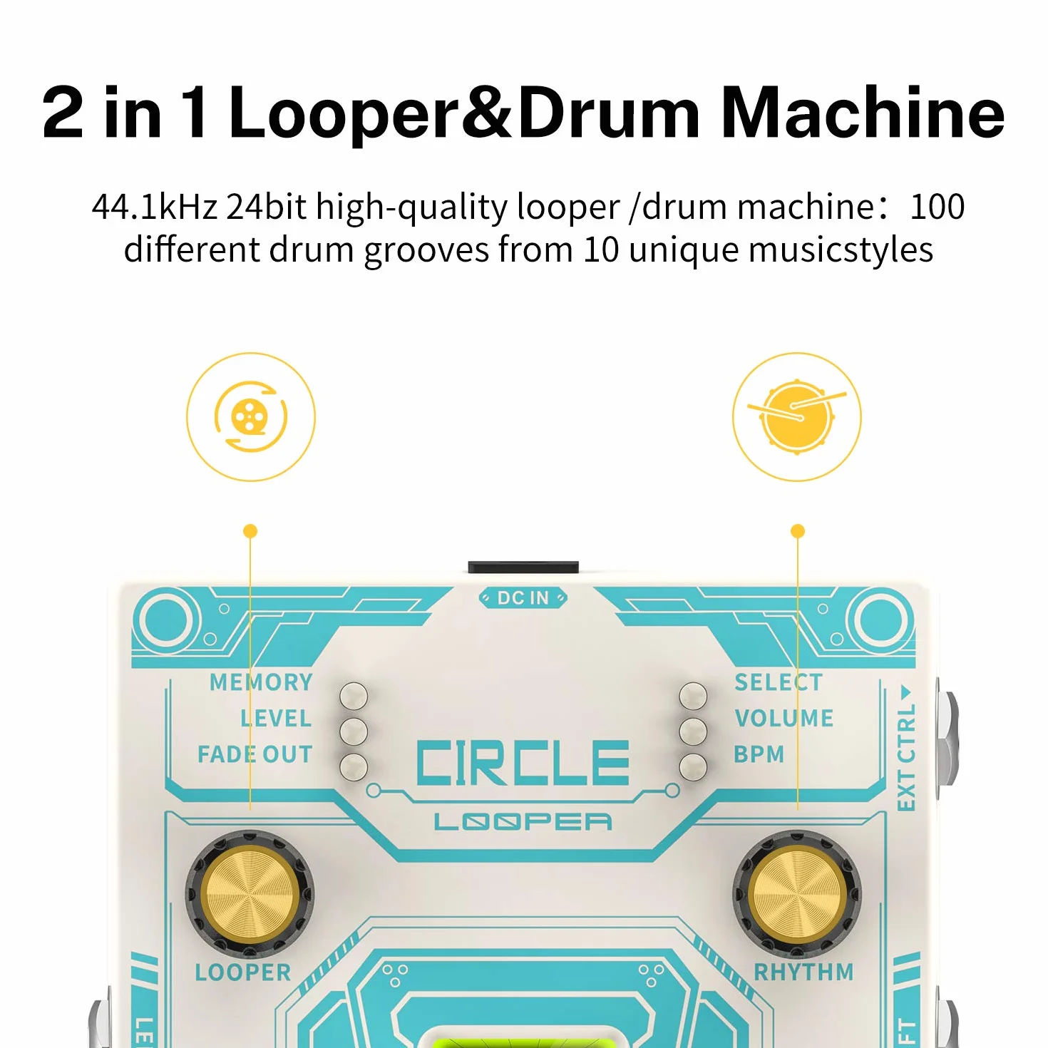 Donner Circle Looper Pedal de Efecto de Guitarra con Barra de Progreso de Tiempo Pantalla Drum Machine