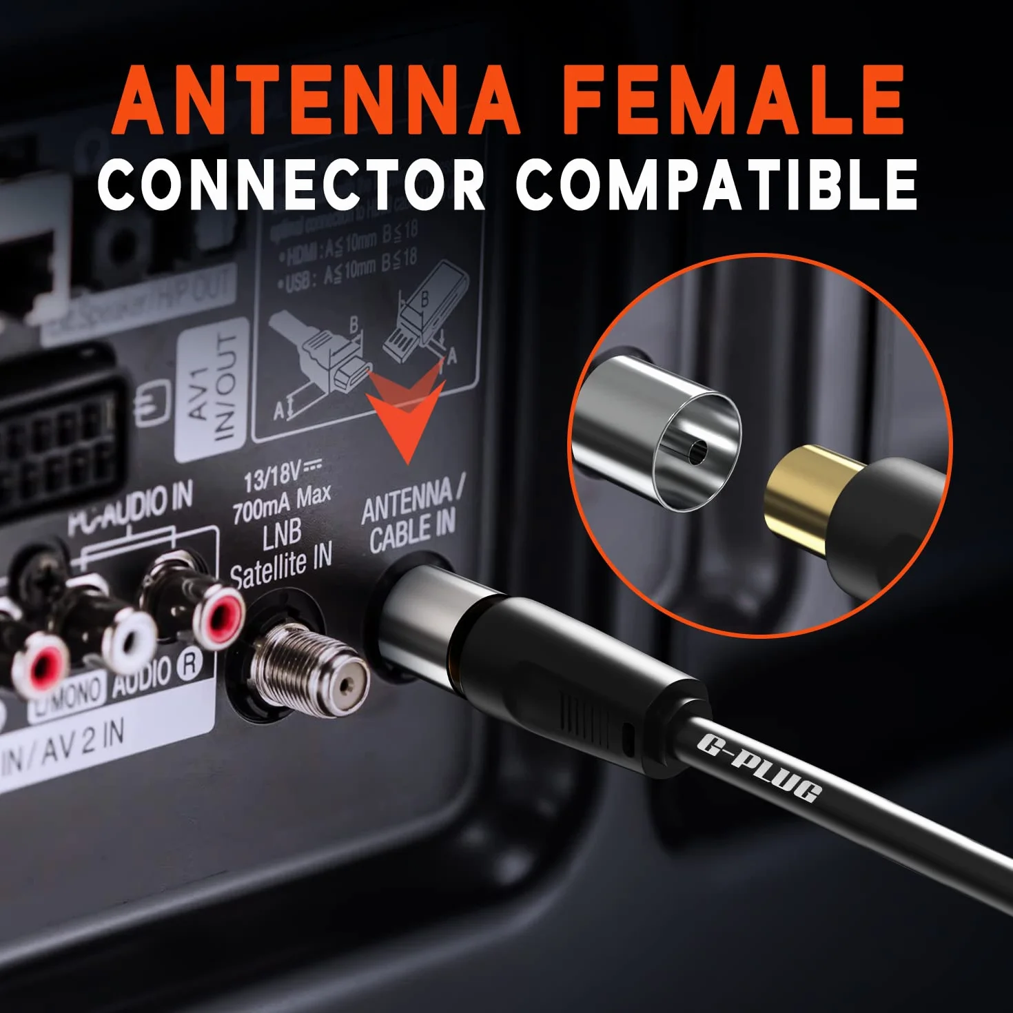 Cable de antena TV G-PLUG 1m coaxial macho-macho chapado en oro con adaptador RF y conector de ángulo recto