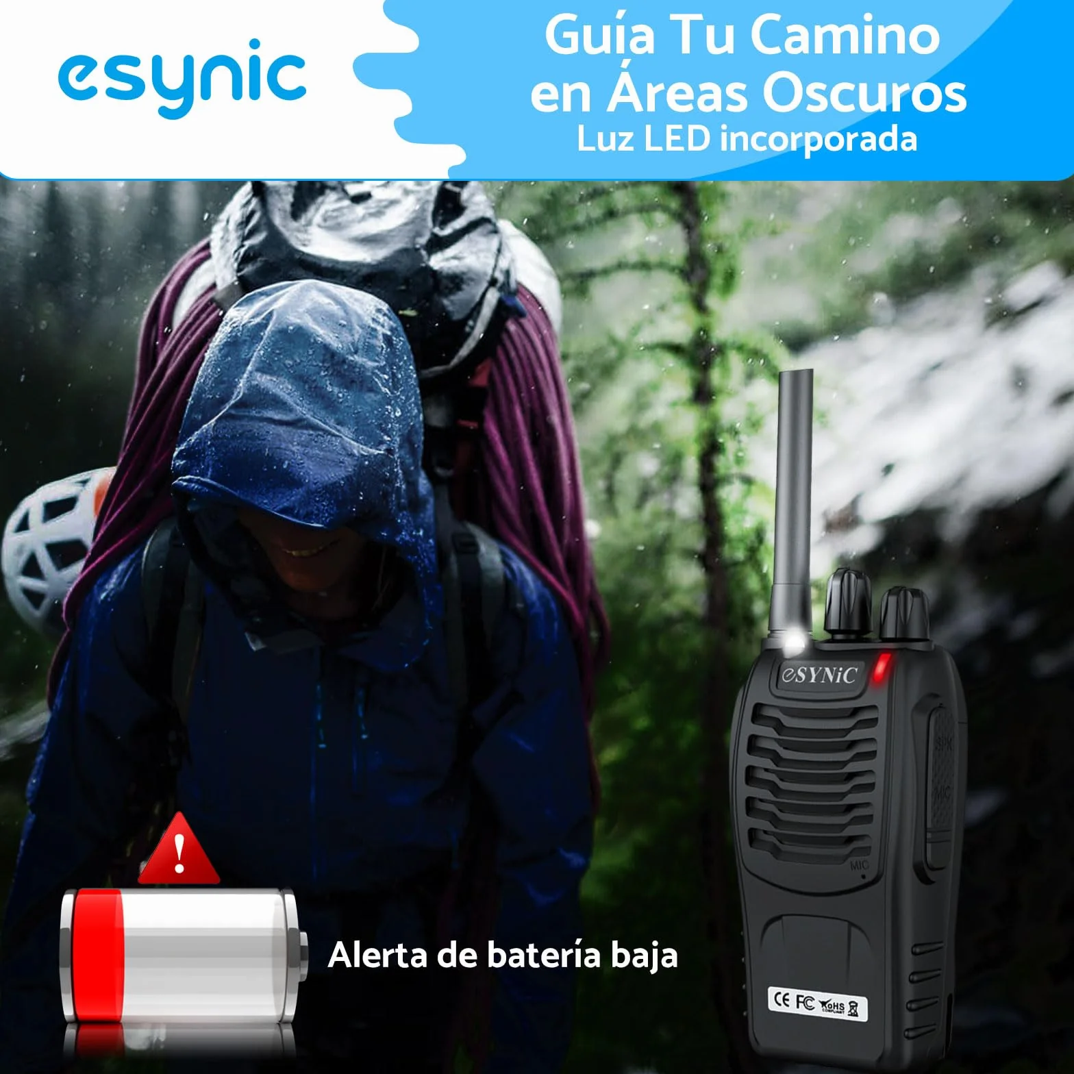 eSynic 4PCS Walkie Talkies de Larga Distancia con Auriculares Walkie-Talkie Profesional 16 Canales 1500mAh con Cargador USB Soporta VOX para Sobrevivir en el Campo Ciclisimo
