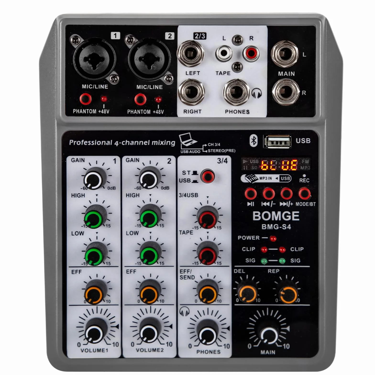 BOMGE Mezclador de audio profesional, consola de mezcla de placa de sonido con 4 canales digitales USB Bluetooth Echo Delay, entrada de 48 V Phantom Power Stereo DJ mezcladores para grabación
