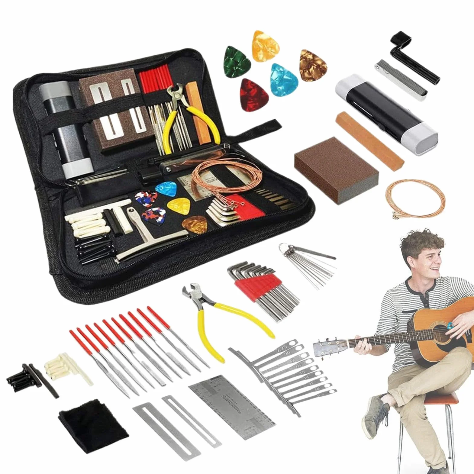 Kits de herramientas de configuración de guitarra, kit de herramientas de guitarra eléctrica | Kit de mantenimiento 72x con de transporte | Accesorios de instrumentos de cadena para músicos, set de