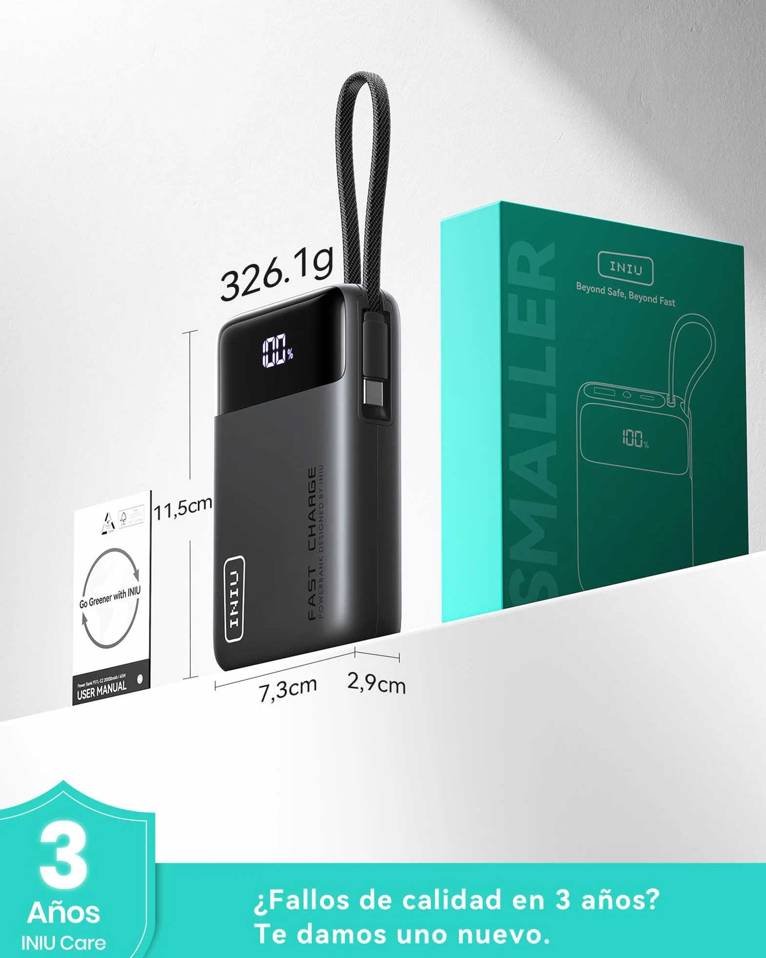 INIU Power Bank 20000mAh 45W Carga Rapida Bateria Externa con Cable USB-C Integrado para iPhone iPad Samsung Xiaomi