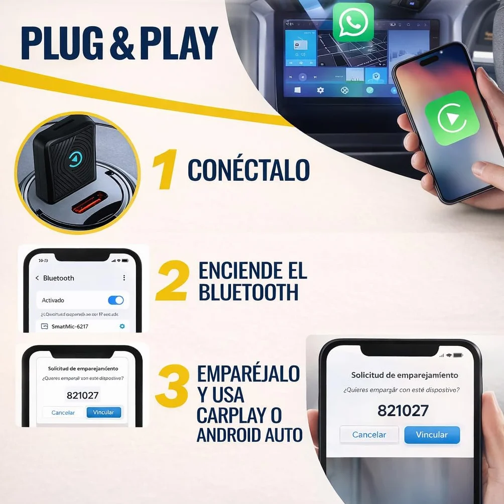 Adaptador CarPlay Inalámbrico y Android Auto 2 en 1 - WiFi 6 5GHz Mini USB Convierte Cable a Inalámbrico - Plug & Play Conexión Rápida 9s para iPhone iOS 10+ Android 11+ Coches 2016+