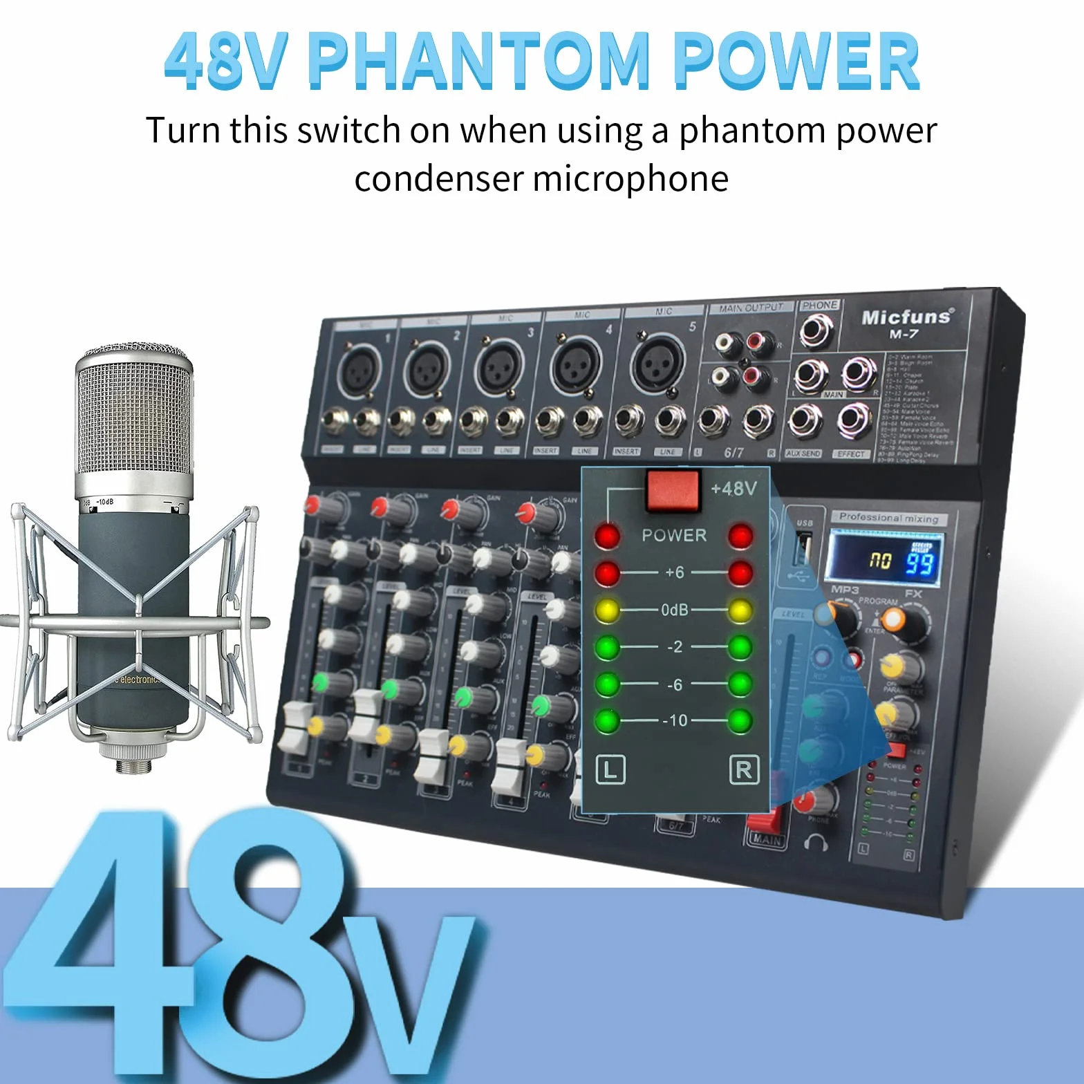 M7 - Mezcladores de grabación sin alimentación de 5 V con 99DSP, MP3, USB, DJ, Bluetooth, consola mezcladora de audio de 48 V, tablas de mezcla de bandas de 7 canales para grabación de estudio