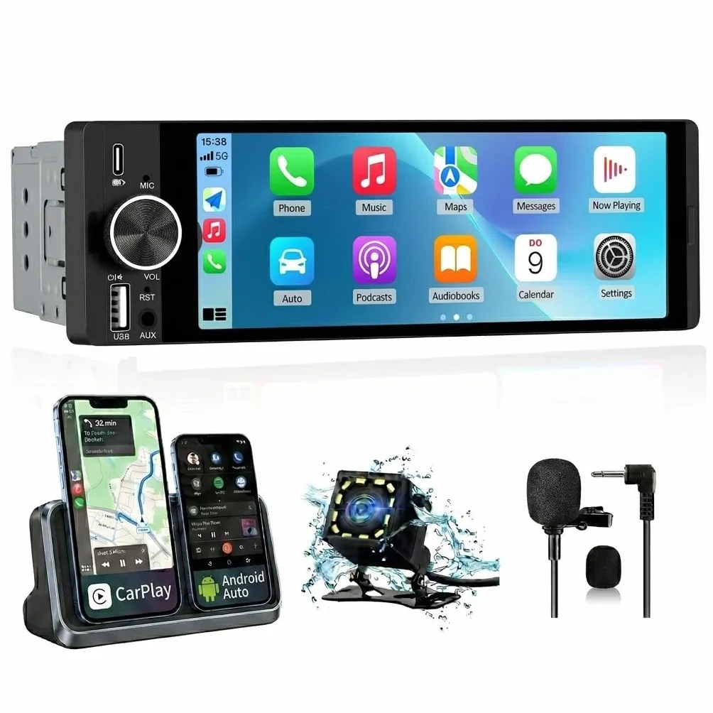 Junsun 1 DIN Radio Coche Universal con 6.36 Pulgadas Pantalla Táctil, con CarPlay/AndroidAuto/Admite Carga Type-C/USB/Micrófono/FM/EQ/WiFi/GPS/Bluetooth 5.0/USB/SWC y Cámara Trasera con Cable 6M