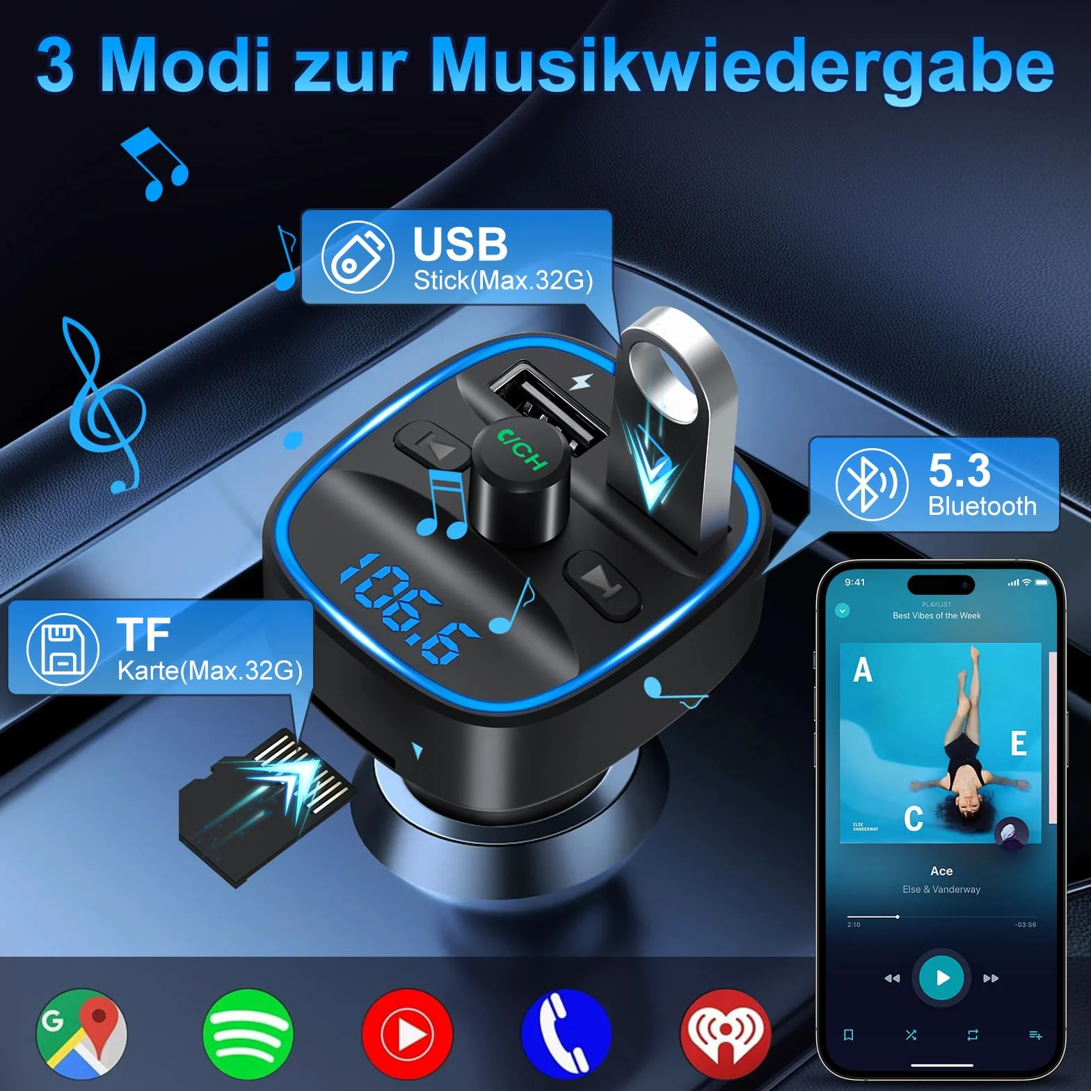 Transmisor FM Bluetooth para Coche, Bluetooth 5.3 Manos Libres Inalámbrico Reproductor Coche con Dual USB 5V/2.4A, Hi-Fi Reproductor Música Adaptador de Radio Soporte Tarjetas SD USB Flash Drive