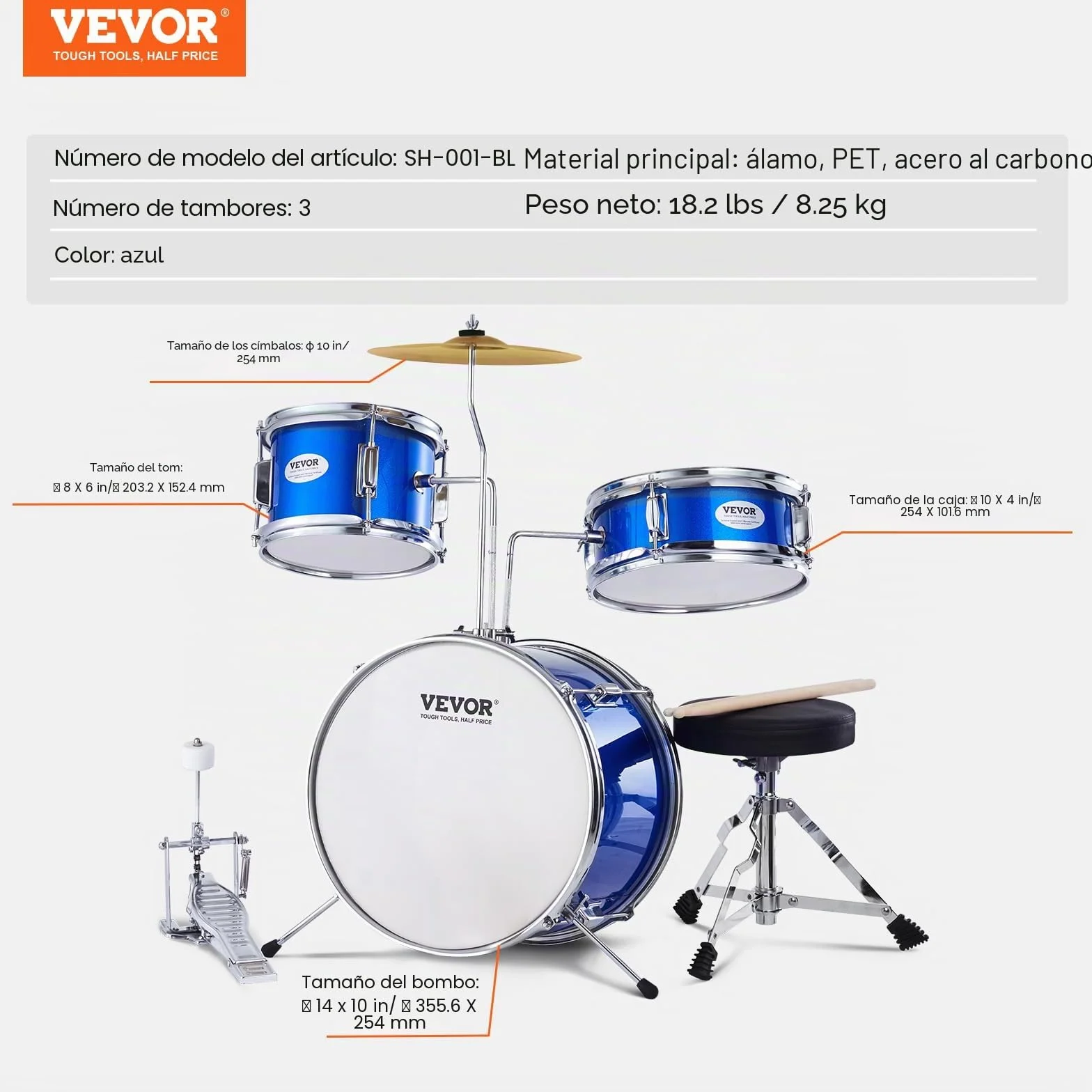 VEVOR Juego de Batería para Niños, 3 piezas, Juego de Batería para Principiante con Pedal de Platillo de Trono Ajustable dos Pares de Baquetas, Tom, Caja, Bombo, Kit de Batería de Iniciación, Azul