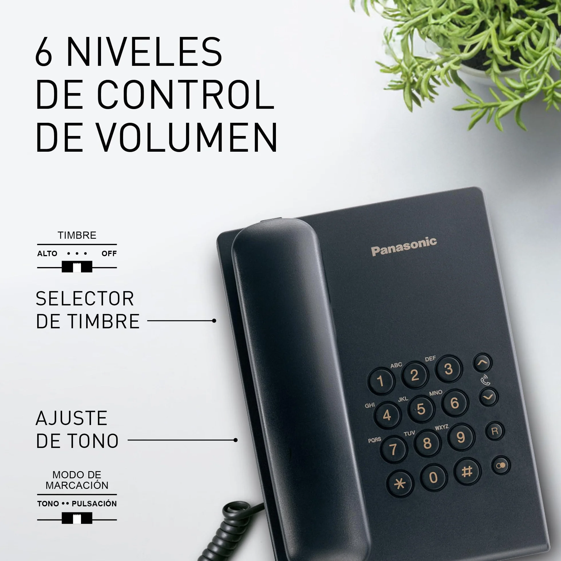 Panasonic KX TS500EXB - Teléfono Fijo con Cable para Hogar u Oficina, Montaje en Pared o Escritorio, Control de Volumen, Repetición de Número, Color Negro