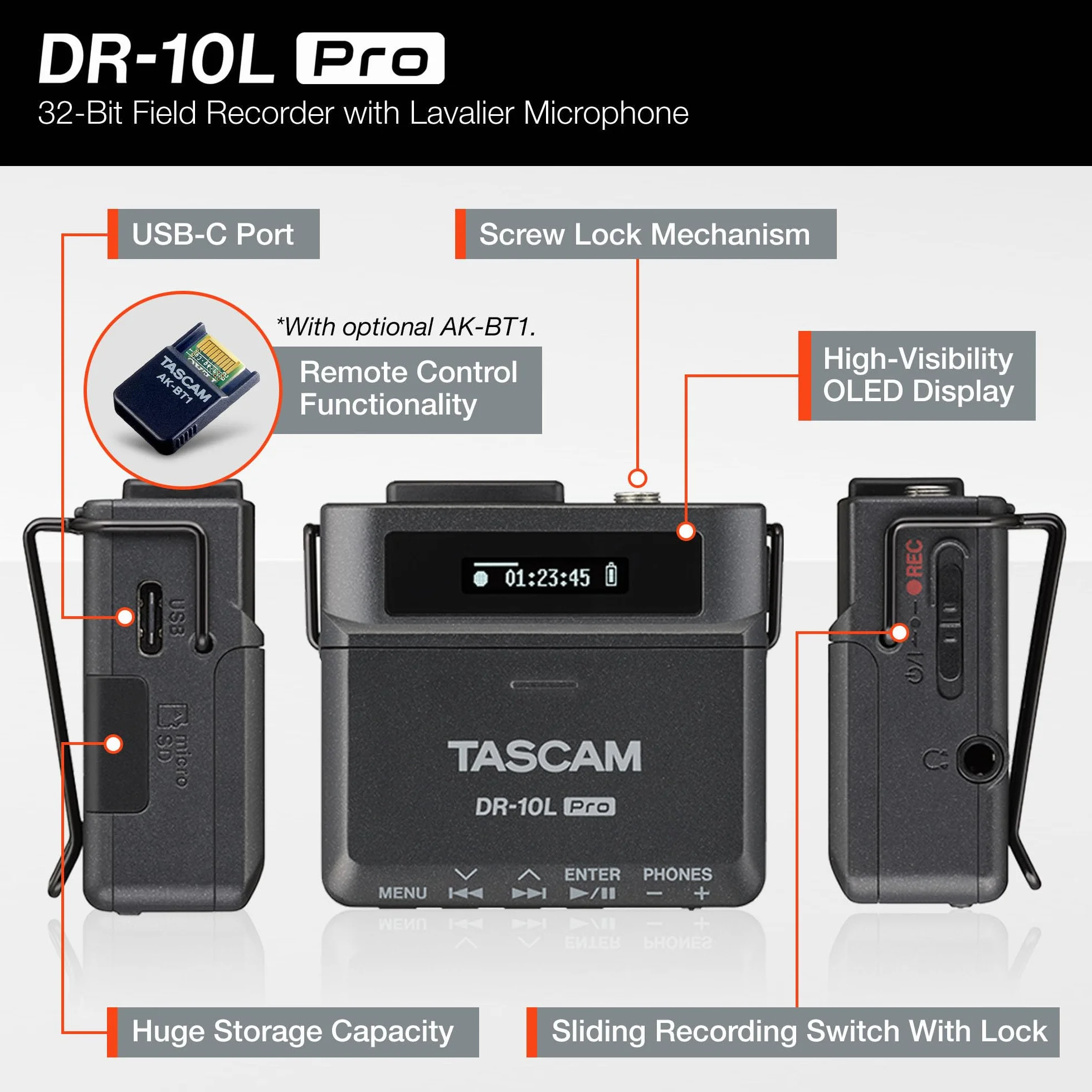 TASCAM DR-10L Pro - Grabadora flotante microlineal de 32 bits con micrófono Lavalier y adaptador Bluetooth opcional para control remoto y sincronización