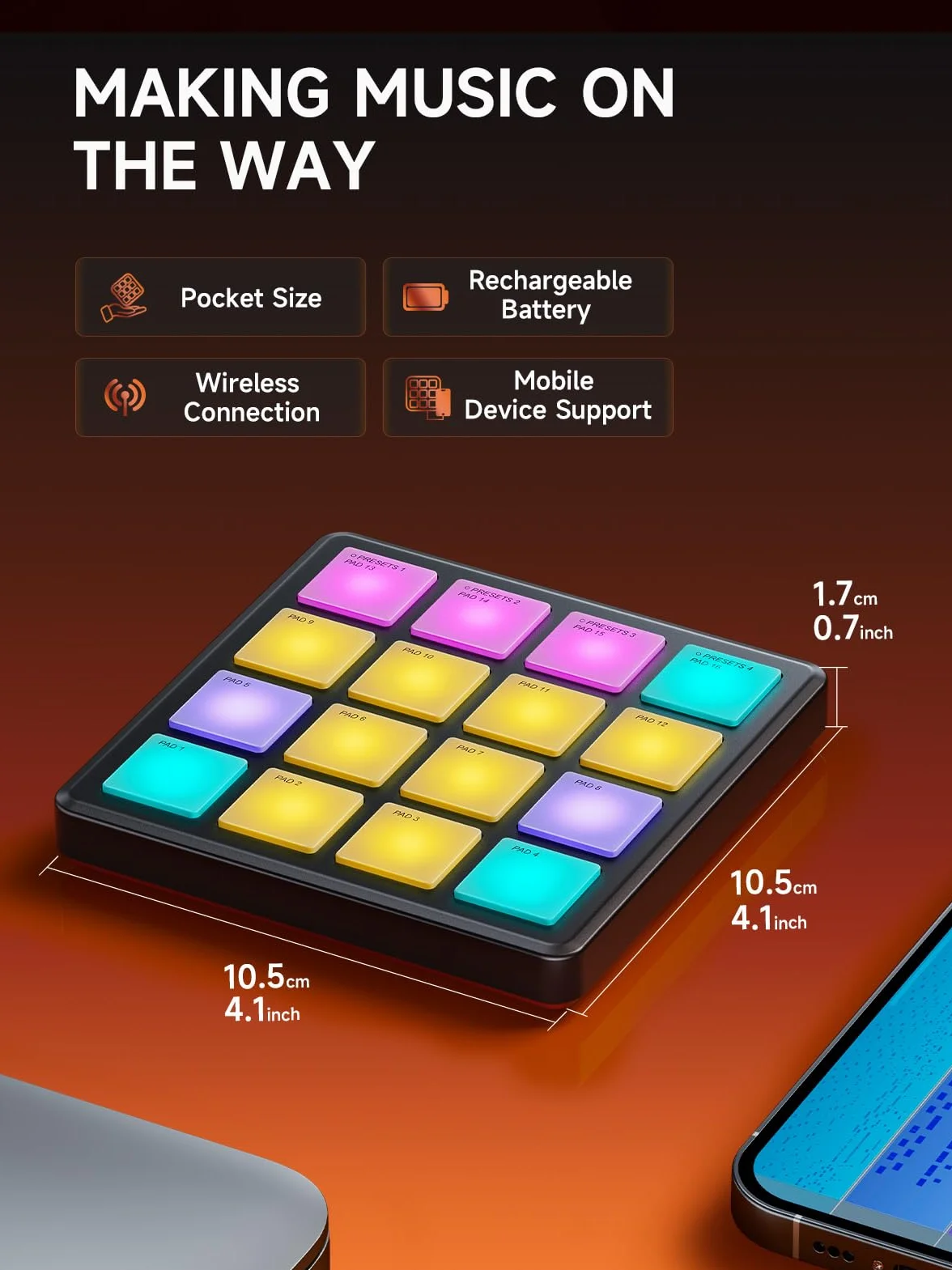 Donner Controlador MIDI con Pads para Crear Ritmos,Caja de Ritmos Portátil con 16 Pads de Ritmos,Repetición de Notas y Software de Producción Musical,Controlador MIDI USB con 40 Cursos,STARRYPAD MINI