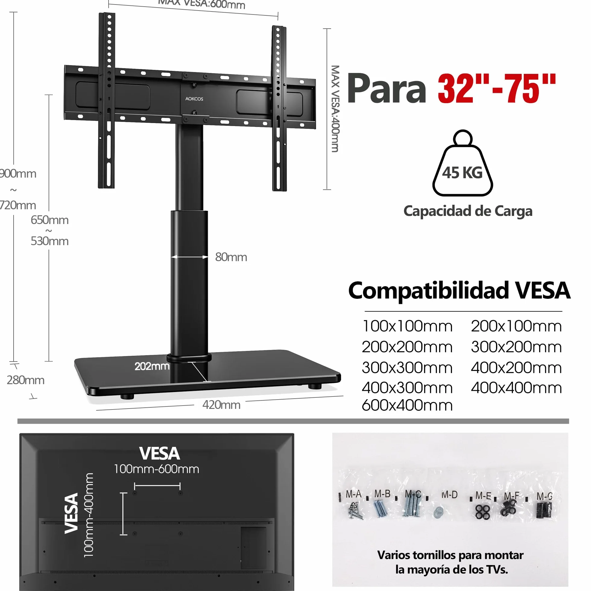AOKCOS Soporte de TV para TV de 32-75 Pulgadas, Inclinable Giratorio Altura Ajustable, Máx VESA 600x400 mm 45KG