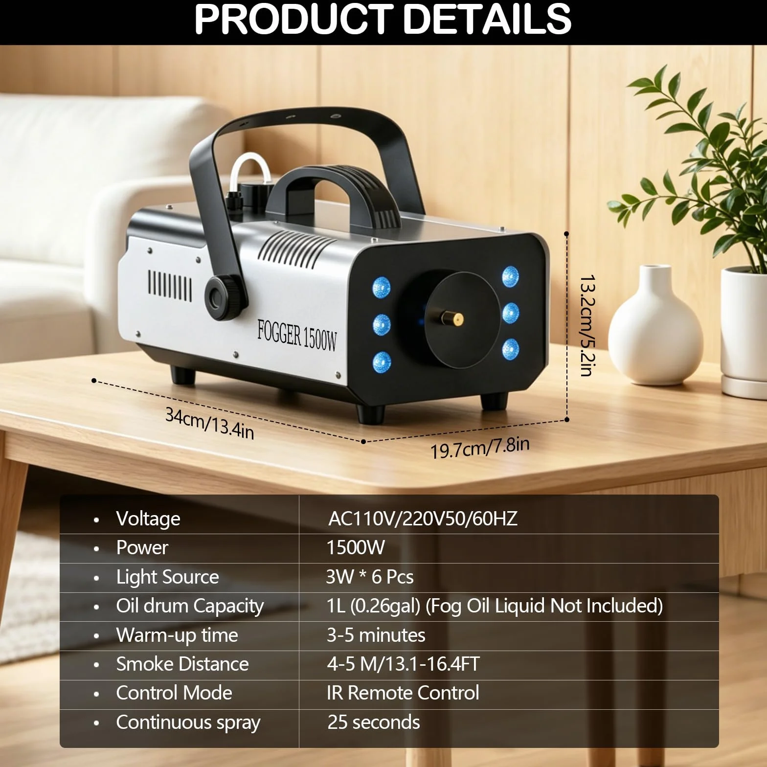 Máquina de humo 1500W con 6 LEDs RGB y mando inalámbrico, máquina de niebla con efectos de luz para DJ, fiestas, Halloween, bodas, Navidad y escenario