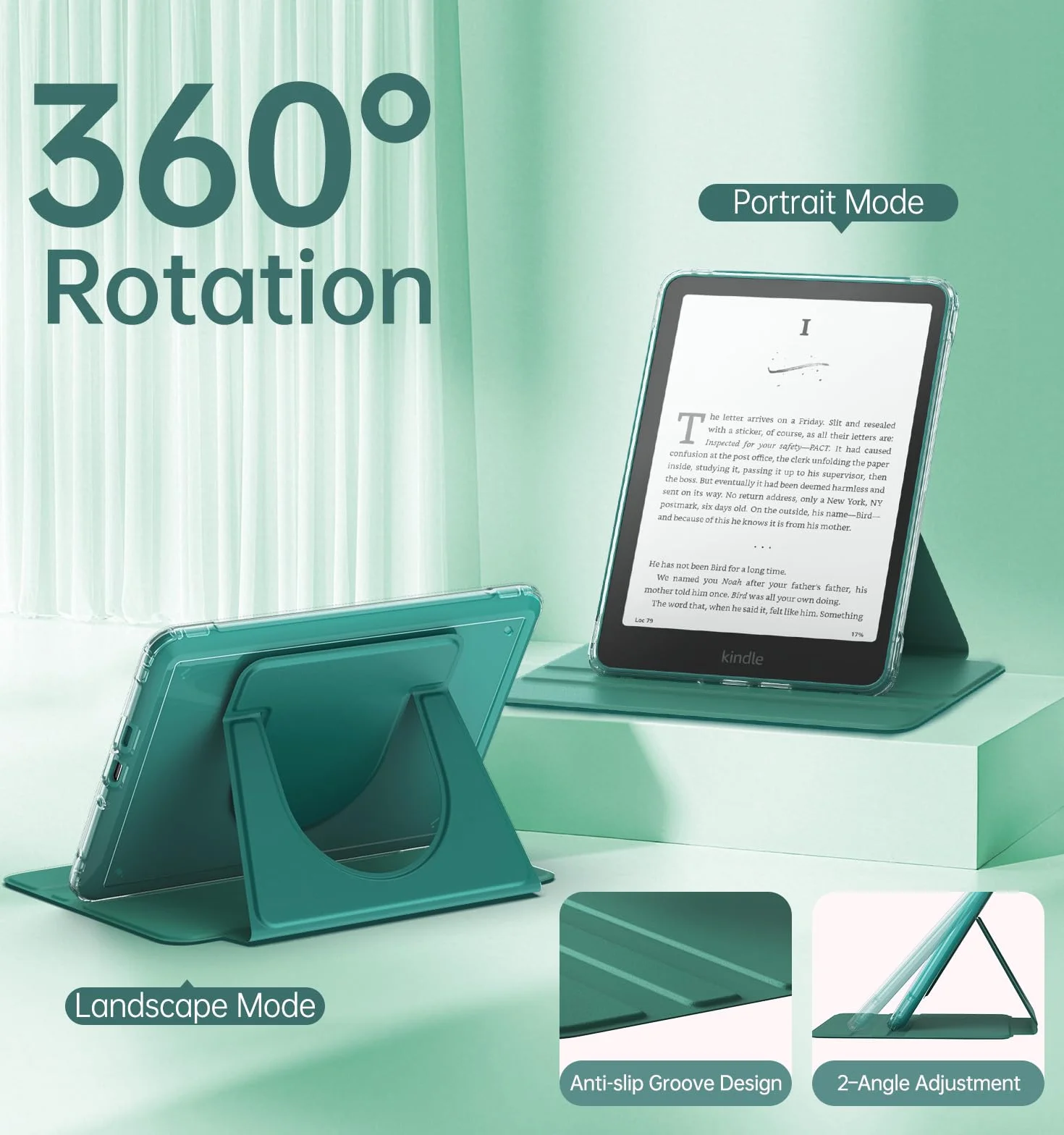 MoKo Funda Giratoria 360° para 7" Kindle Paperwhite12ª Gen 2024 y Kindle Colorsoft 2024/2025, Trasera Transparente Funda Magnética Desmontable con Soporte Ajustable, Auto Activación/Reposo, Verde Jade