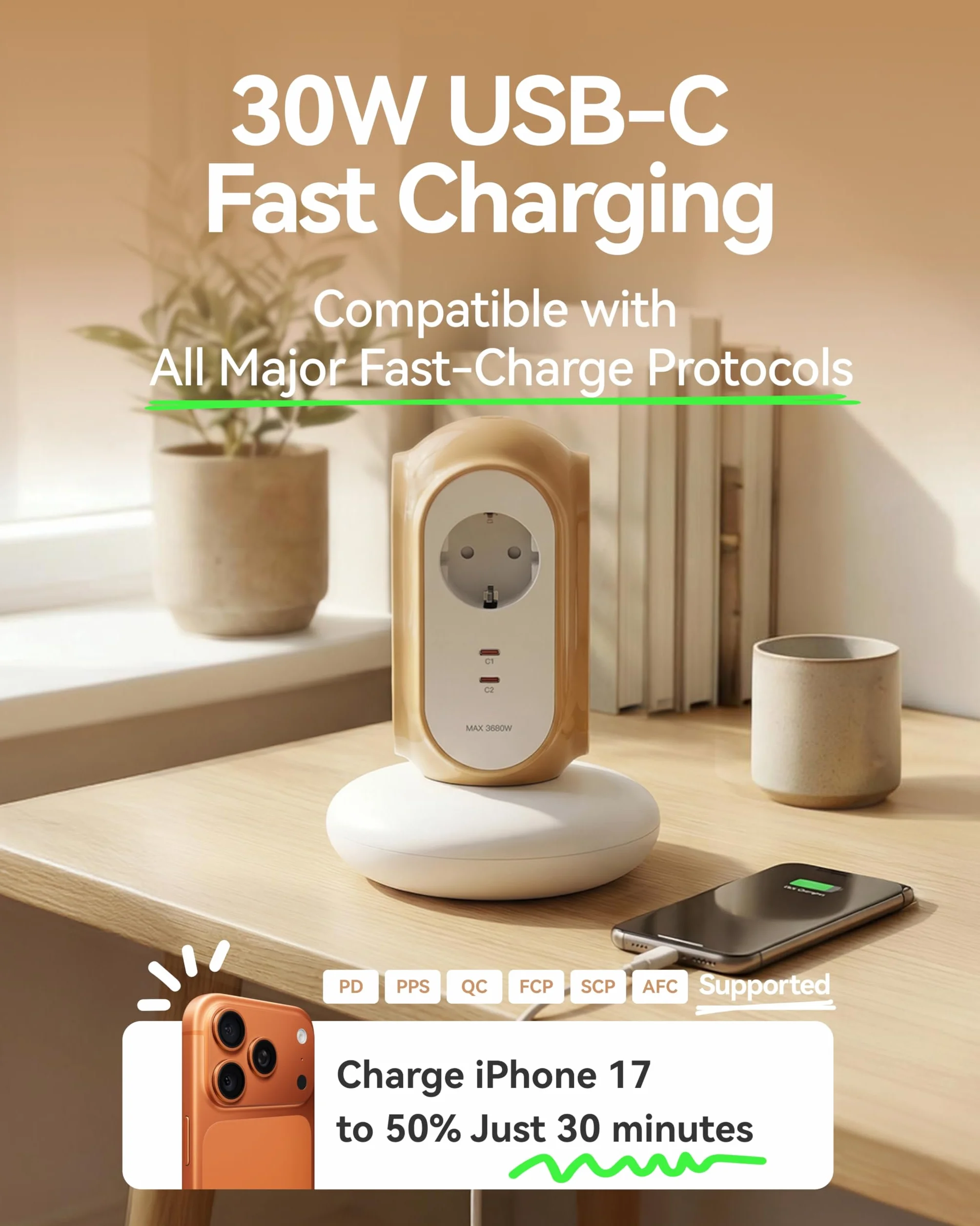 MiaoLab Regleta Eléctrica en Torre con 3 Tomas AC y 2 USB-C (Carga Rápida 30W), 3680W/16A, Protección contra Sobretensiones 1420J, Cable de Extensión 2 m, Protección contra Sobreca (Beige Toscano)