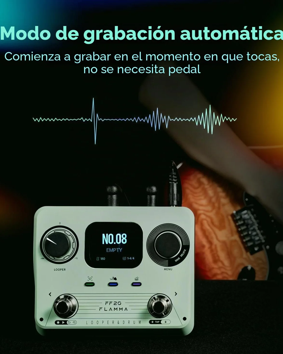 FLAMMA FF20 Looper Pedal Drum Machine, pedal de guitarra con pantalla, grabación de 300 minutos, 220 ranuras de tambor, 100 ranuras de bucle, estiramiento de tiempo, grabación automática, USB y salida