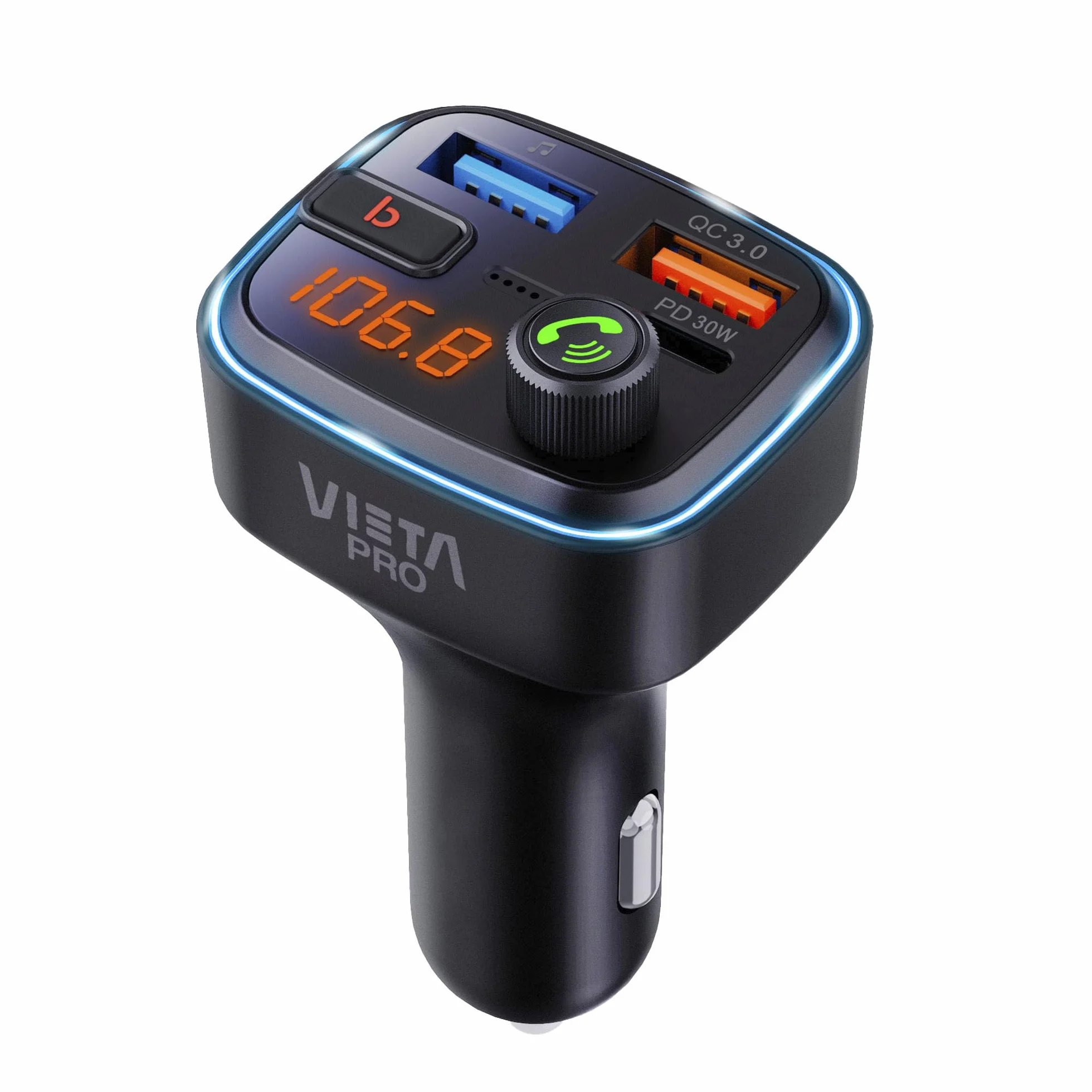 Vieta Pro Transmisor FM Bluetooth Coche 5.3 Manos Libres Cargador Coche QC3.0 USB-C Reproductor MP3