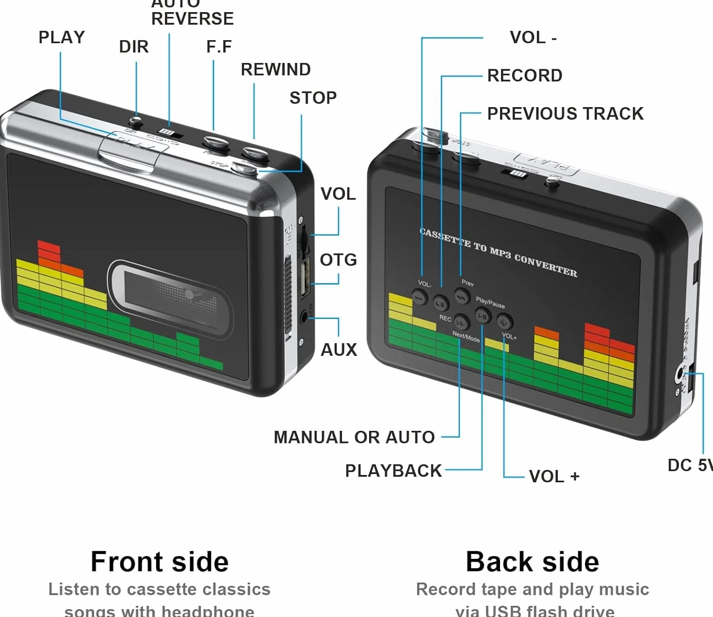 Reproductor de casete USB convertidor a MP3 portátil con auriculares