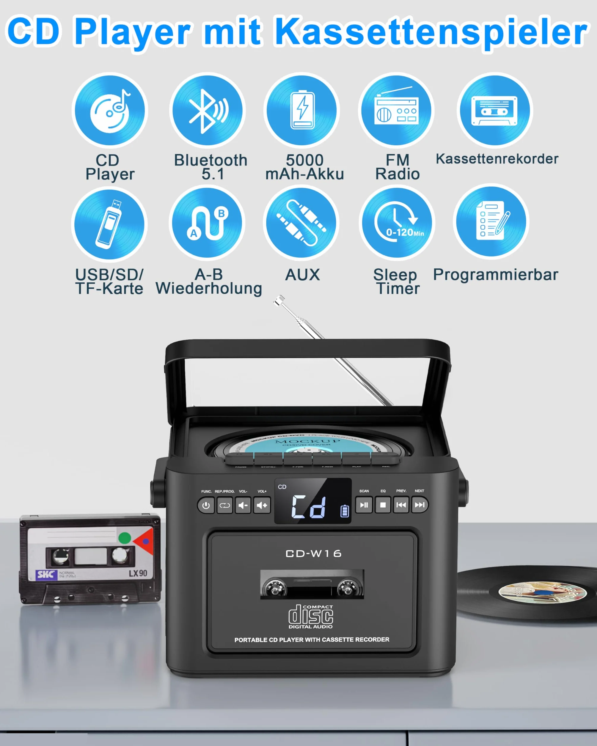 Greadio Reproductor de CD portátil Discman con protección antiskip, 4 Sonidos EQ, Tarjeta TF/Salida AUX, Compatible con CD-R, CD-RW y MP3