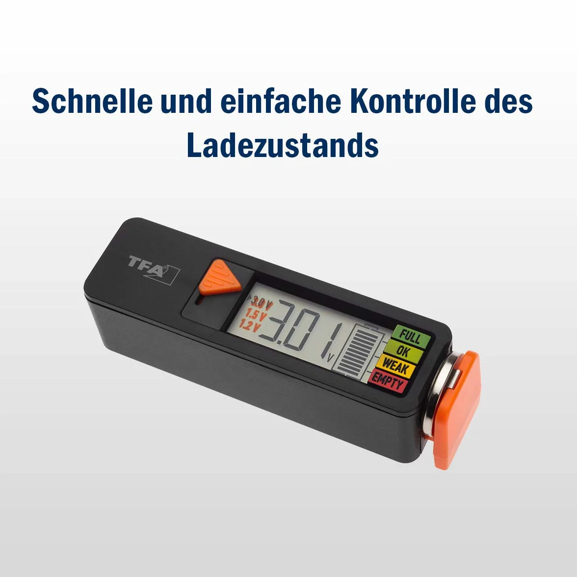 TFA Dostmann BatteryCheck 98.1126.01 - Comprobador de batería para pilas y baterías (AAA,AA,C,D), pila de botón, batería de bloque, indicador de estado de carga, negro, (L)89 (150 x (W) 25 x (H) 27 mm