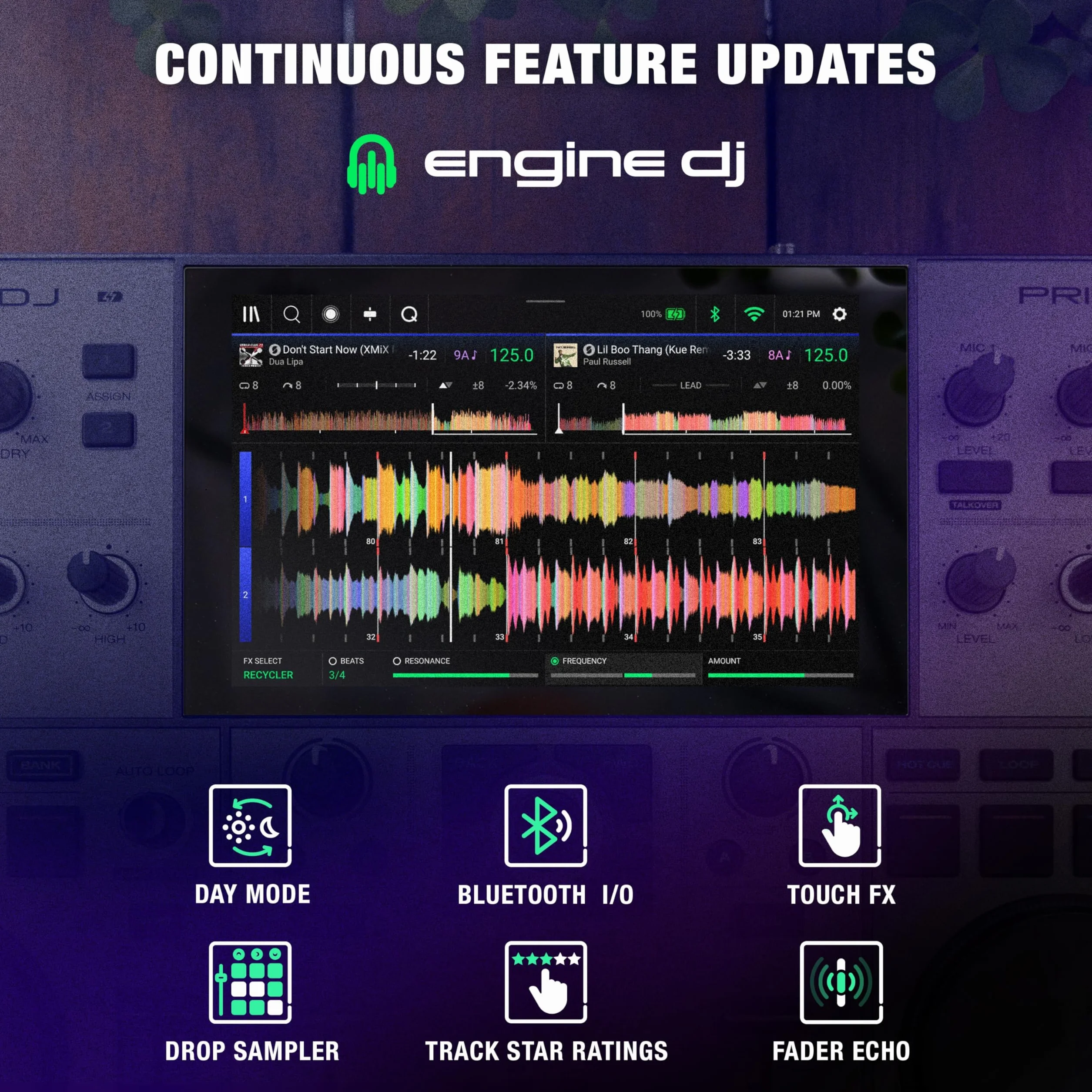 Denon DJ PRIME GO+ Controlador DJ Portátil Autónomo con Bateria Recargable, Pantalla de 7", Mezclador con Separación de Stems, Streaming por Wifi y Bluetooth