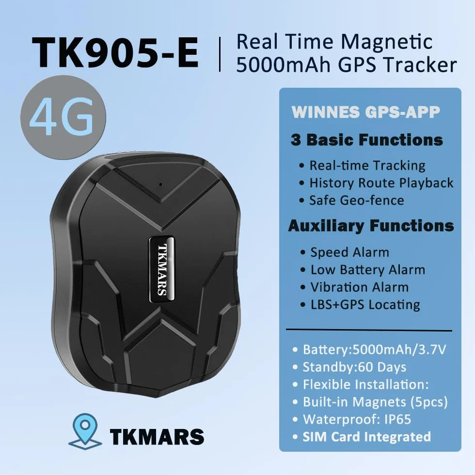 Localizador GPS para Coche TK905E 4G con Tarjeta SIM, Batería 5000mAh, Antirrobo con Imán Fuerte, Alarma de Vibración, Límite de Velocidad, Geo-Cerca