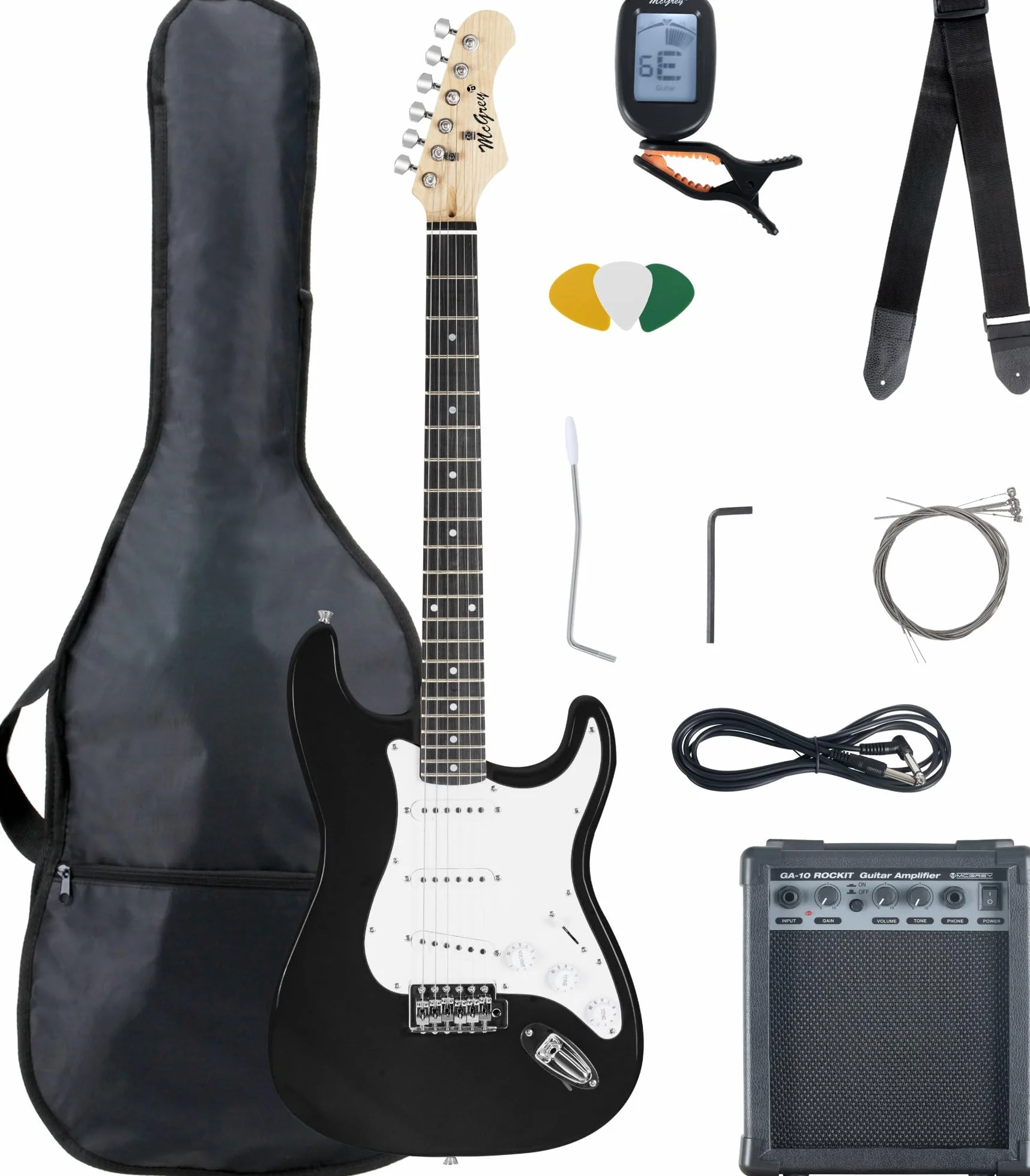 McGrey Rockit ST Set Completo E-Guitarra (set para principiantes de 8 piezas con guitarra, amplificador, cuerdas de repuesto, funda para guitarra, afinador, púas, correa y cable de guitarra) Negro