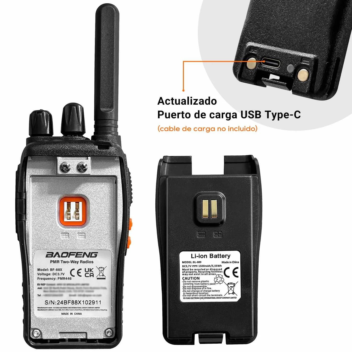 BF-88X Profesional Walkie Talkie, 16 Canales de Largo Alcance de Radio de Dos vías con Cargador USB, Auriculares, Ideal para los niños Jugar y el Trabajo de los Adultos (Negro, 1 par)