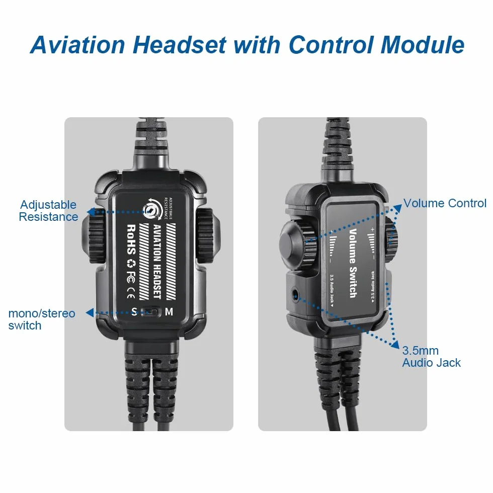Auriculares de aviación de fibra de carbono con reducción de ruido pasiva, compatibilidad mono y estéreo, micrófono con cancelación de ruido, entrada MP3, incluye bolsa para