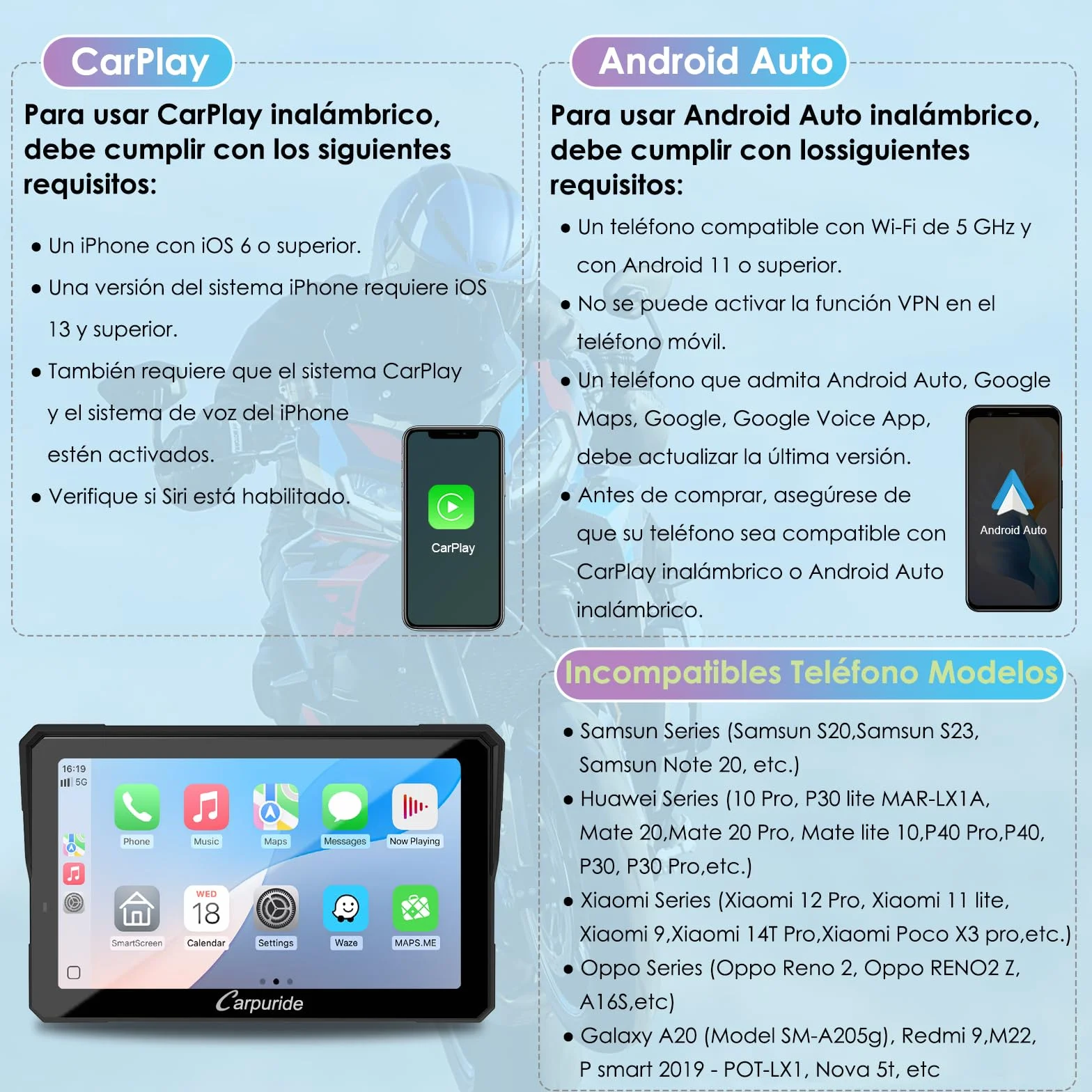 CARPURIDE W702S Pro Motocicleta CarPlay 7" Impermeable Táctil Pantalla Inalámbrico Android Auto Dual Bluetooth