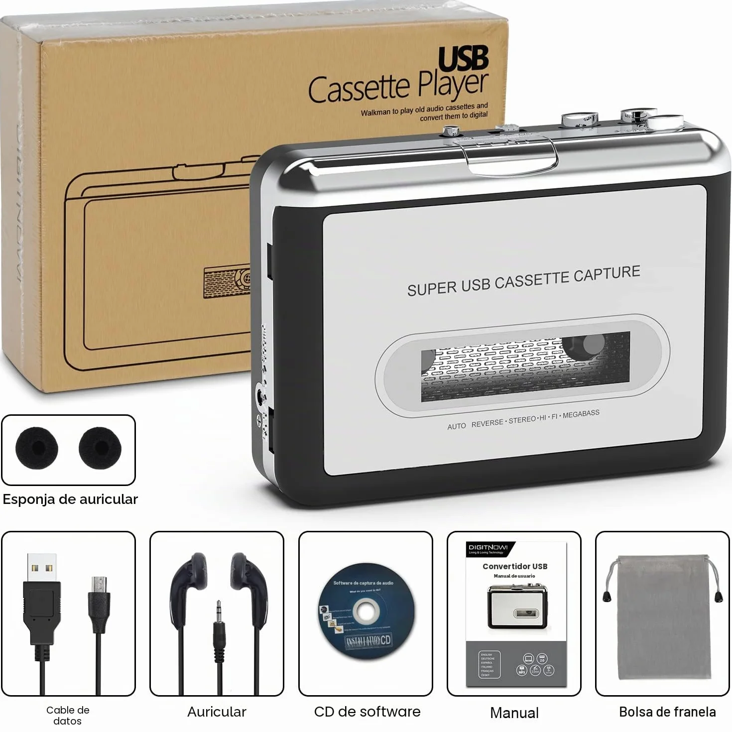 DIGITNOW! Reproductor USB de casete convertidor a MP3 con enchufe hembra de 3,5 mm