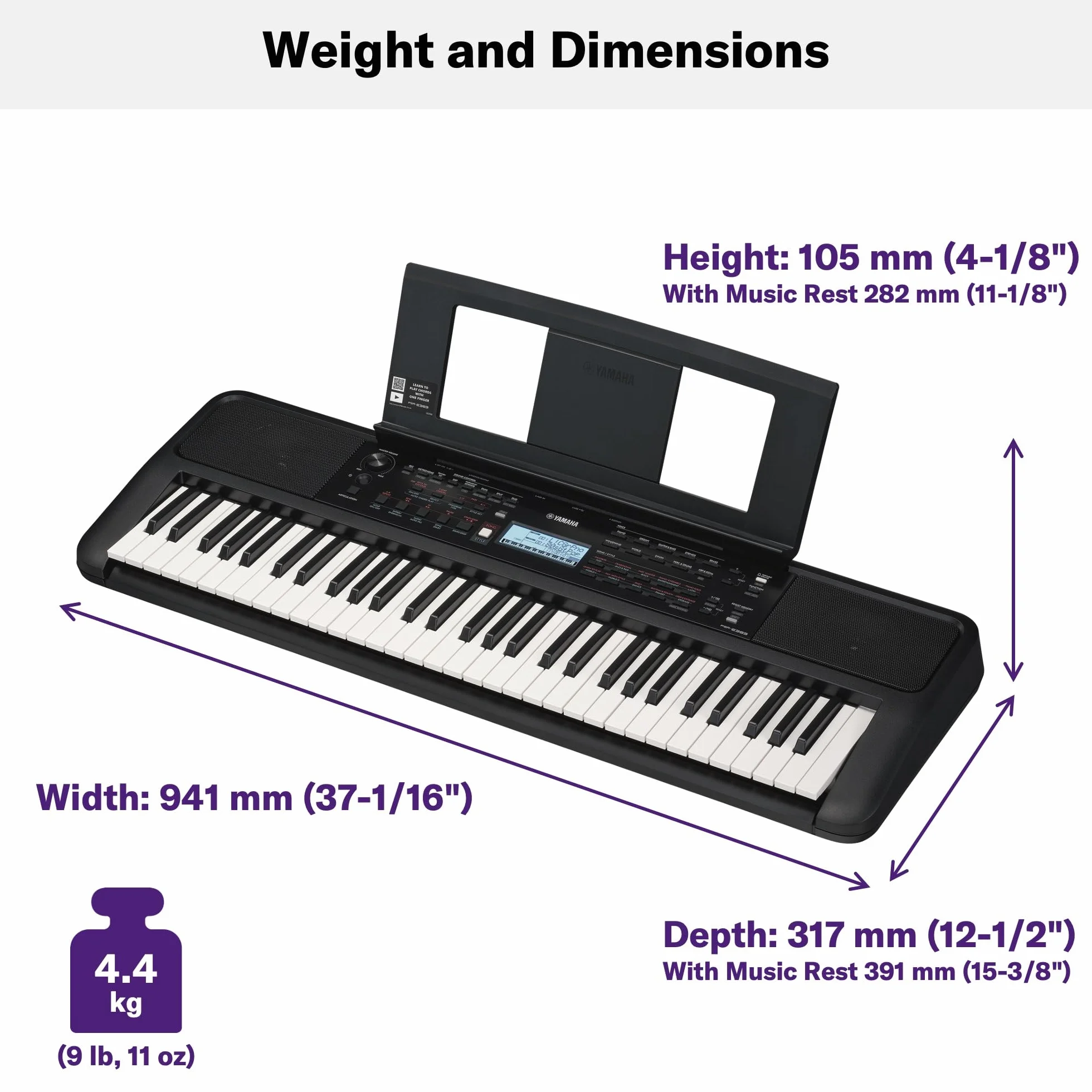 YAMAHA PSR-E383 Teclado portátil para principiantes, 650 voces de instrumentos auténticos y teclas sensibles a la pulsación con polifonía de 48 notas, incluye 2 clases online con un profesor
