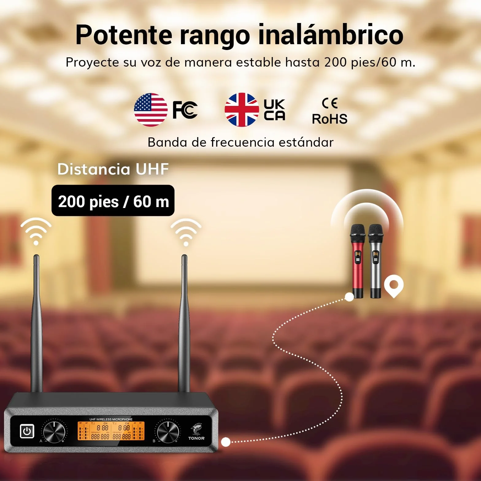 TONOR Micrófono Inalámbrico Dual Sistema de Micrófono Inalámbrico de Mano Profesional UHF, Set KTV Hogar para Karaoke, DJ, Fiesta, 60 Metros, TW820, Plata