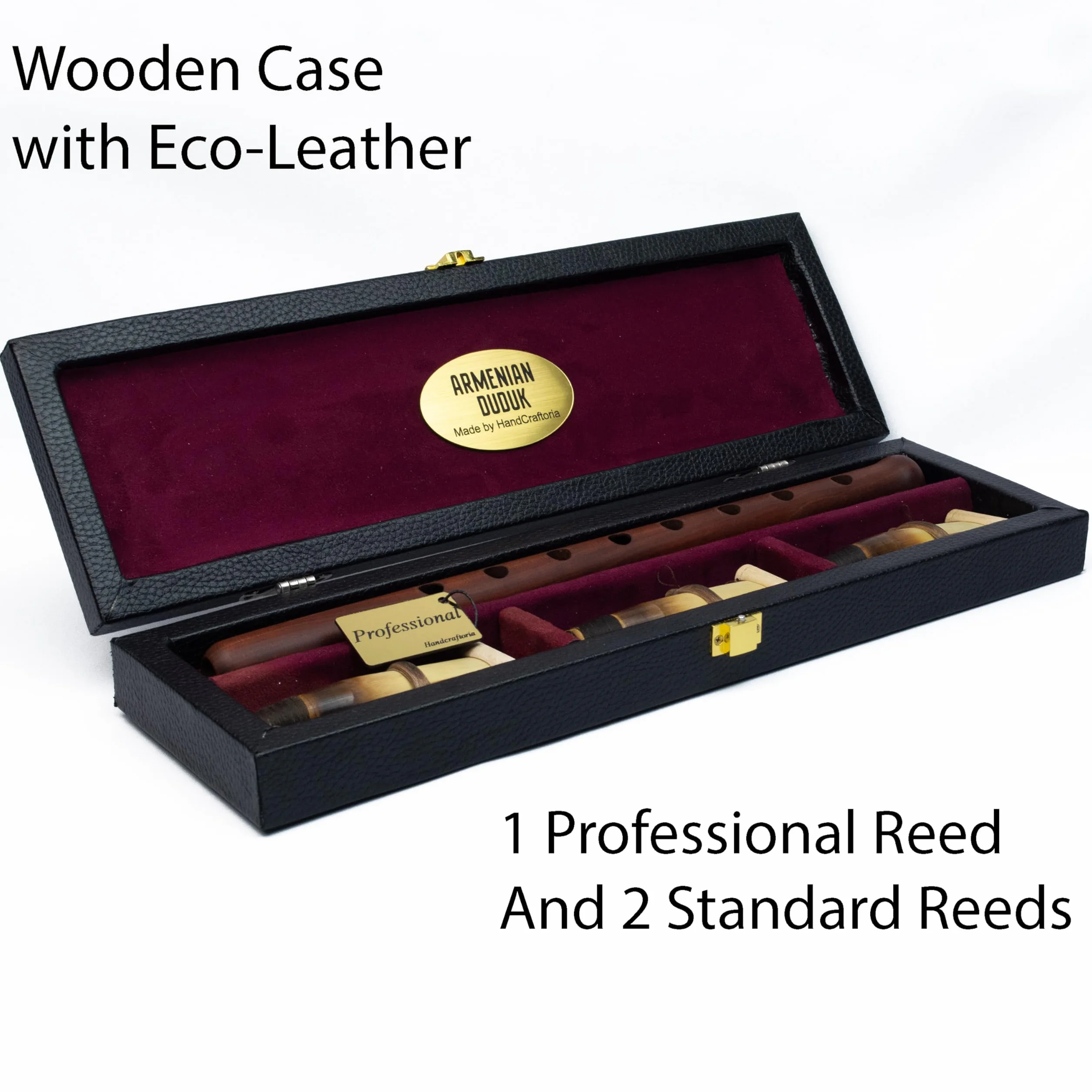 HandCraftoria Instrumento profesional armenio DUDUK de madera de albaricoque, caja de madera cubierta con cuero, 1 caña profesional y 2 estándar, flauta oboe balaban viento