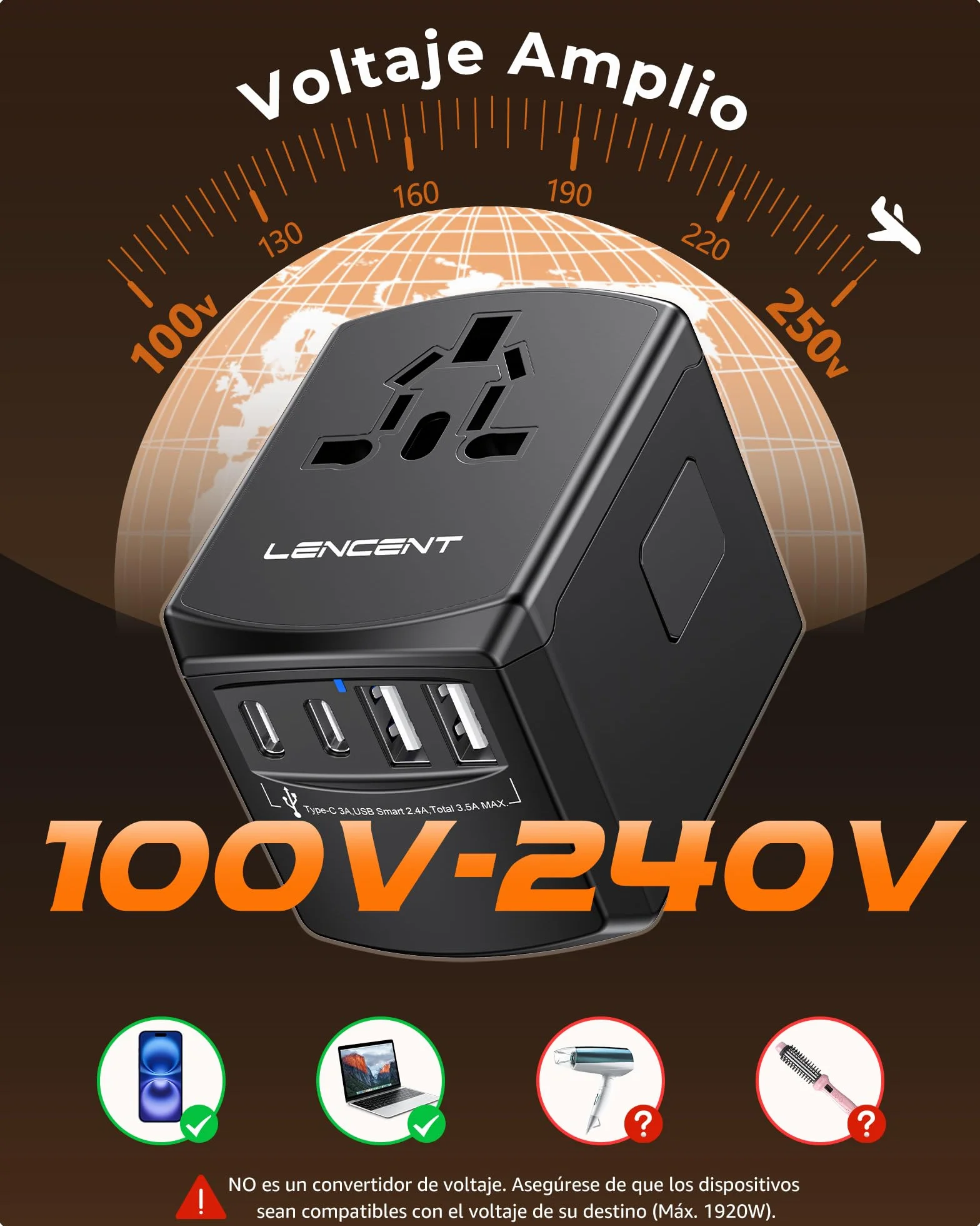 LENCENT Adaptador Enchufe de Viaje Universal, Cargador de Pared USB Internacional de 2 Puertos USB-A y 2 Tipo C para EEUU/UK/EU/AUS Más de 200 Países para Teléfonos, Tabletas, Cámara y más, Negro