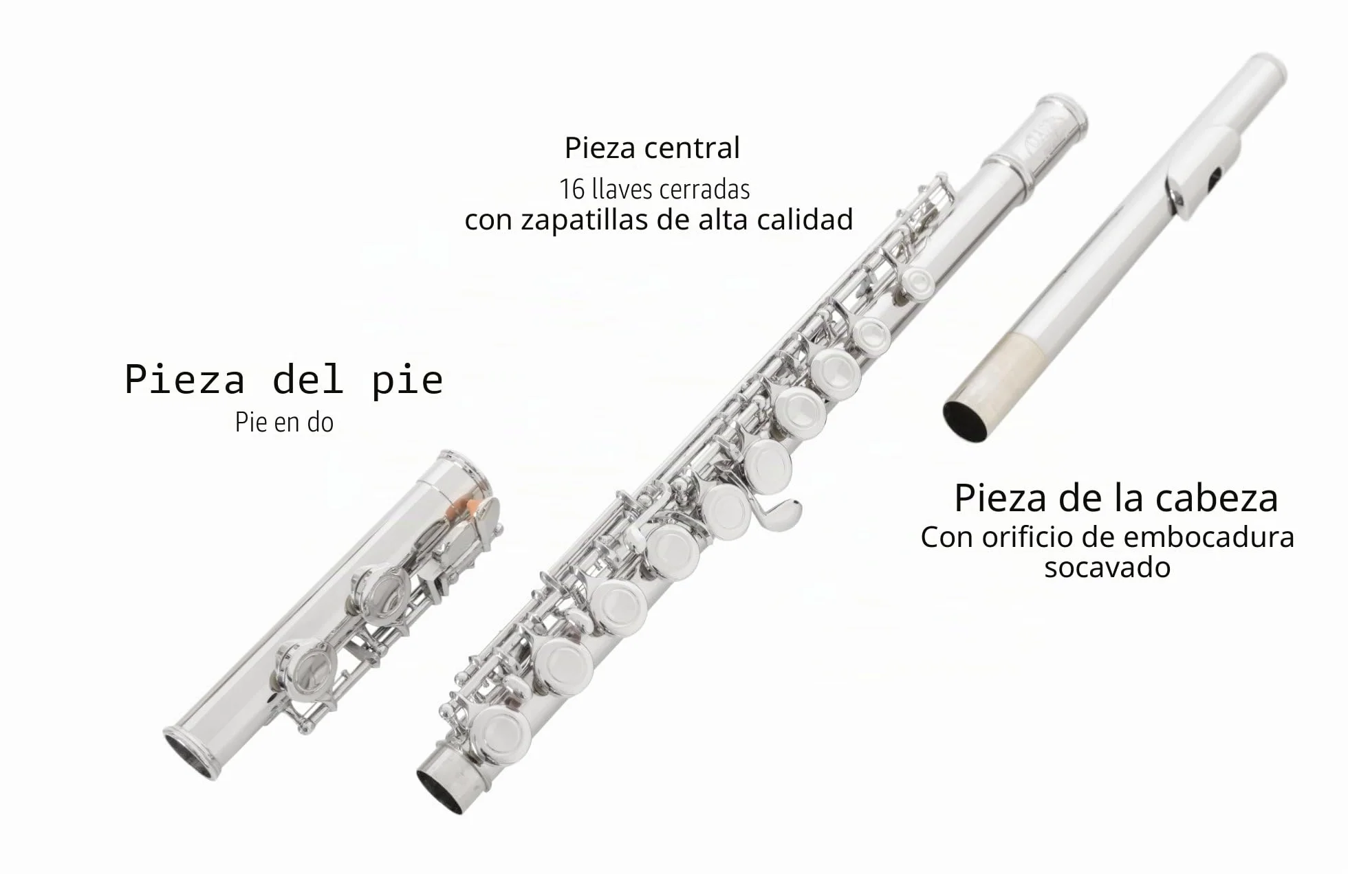 Flauta Traversa Classic Cantabile FL-100, ideal para principiantes, alpaca niquelada, llaves cerradas, mecanismo en E, sol adelantado, afinación en C, incluye estuche y accesorios, color plateado.