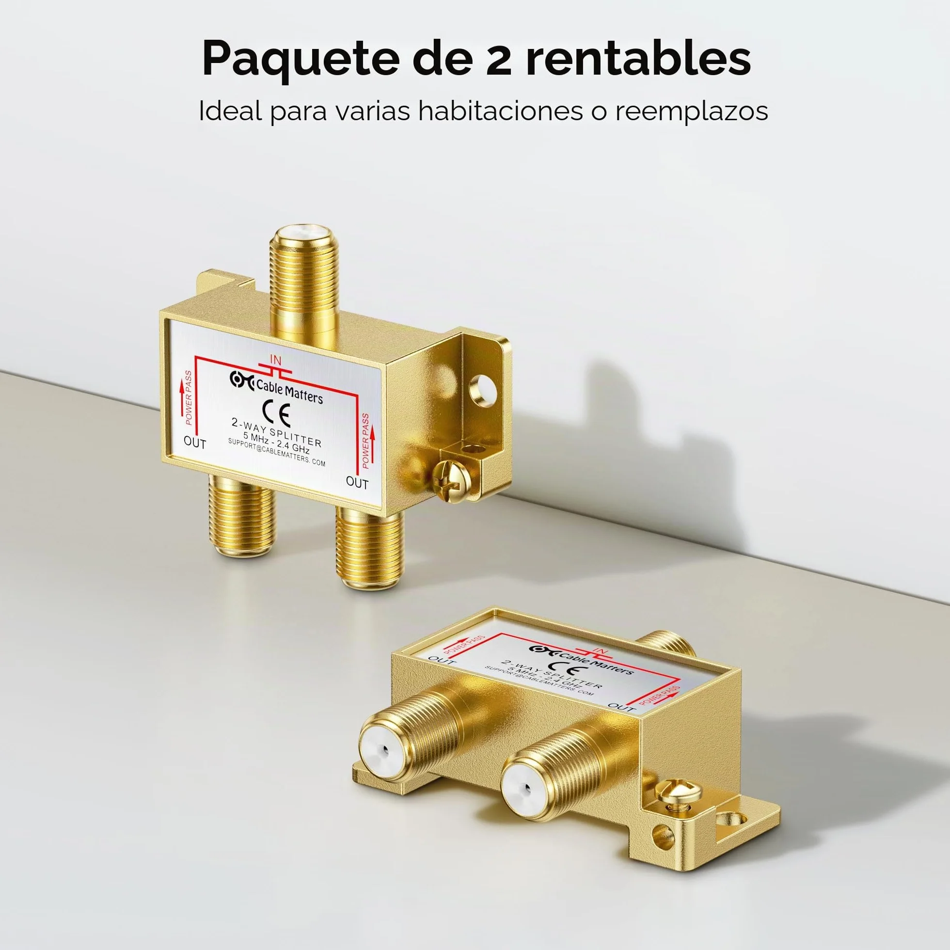 Cable Matters Paquete de 2 Divisores de Cable coaxial bidireccional de 2,4 GHz para televisión STB, Antena y Red Moca - Paso de energía por Todos los Puertos
