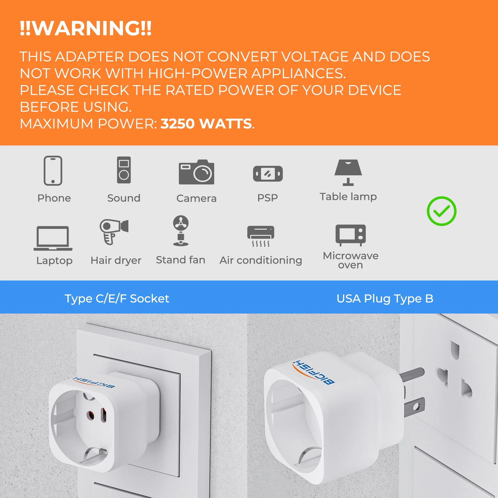 Bigfish Adaptador Enchufe USA Tipo B 2 Piezas, Adaptador Enchufe Americano – De 2-Pin Europa a 3-Pin Estados Unidos, Canadá, México y Tailandia