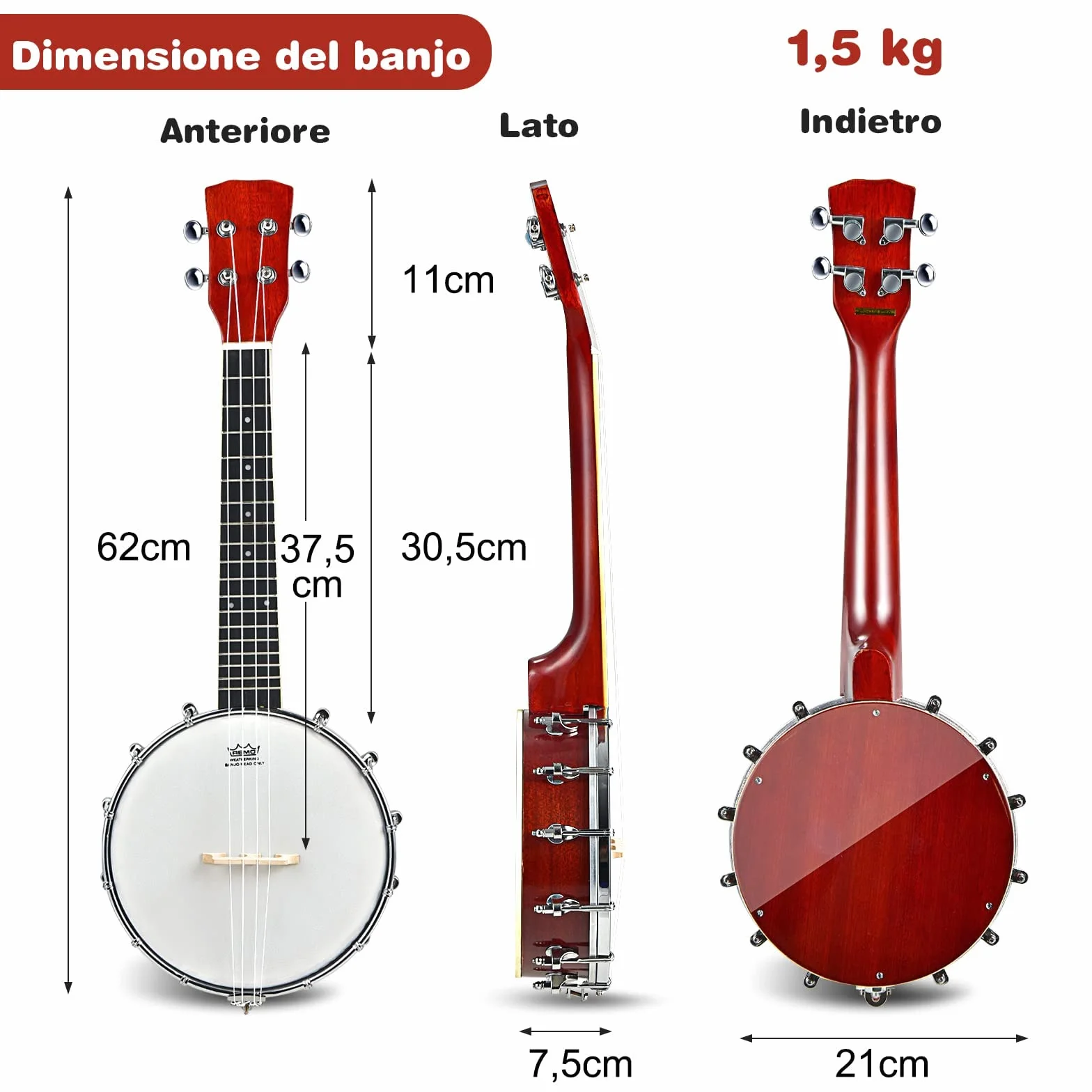 RELAX4LIFE Banjo de 4 cuerdas y 12 soportes portátil con bolsa, parte trasera sólida y cerrada y remo tambor, kit pequeño ukelele banjo de 62,5 cm, para niños, adultos, principiantes