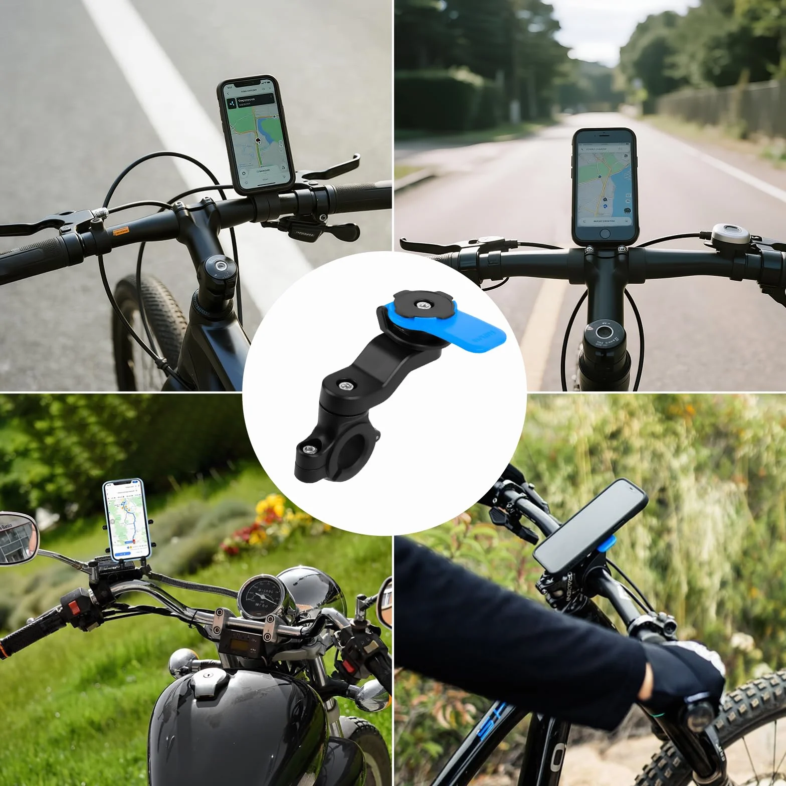 Handlebar Mount Soporte Universal para Bicicleta y Moto, Handlebar Mount Soporte Móvil Bicicleta Montaña, Giratorio a 360 ° para MTB y Motocicletas para Diámetro del Tubo Aprox.22,2 - 28,6 mm (Azul)