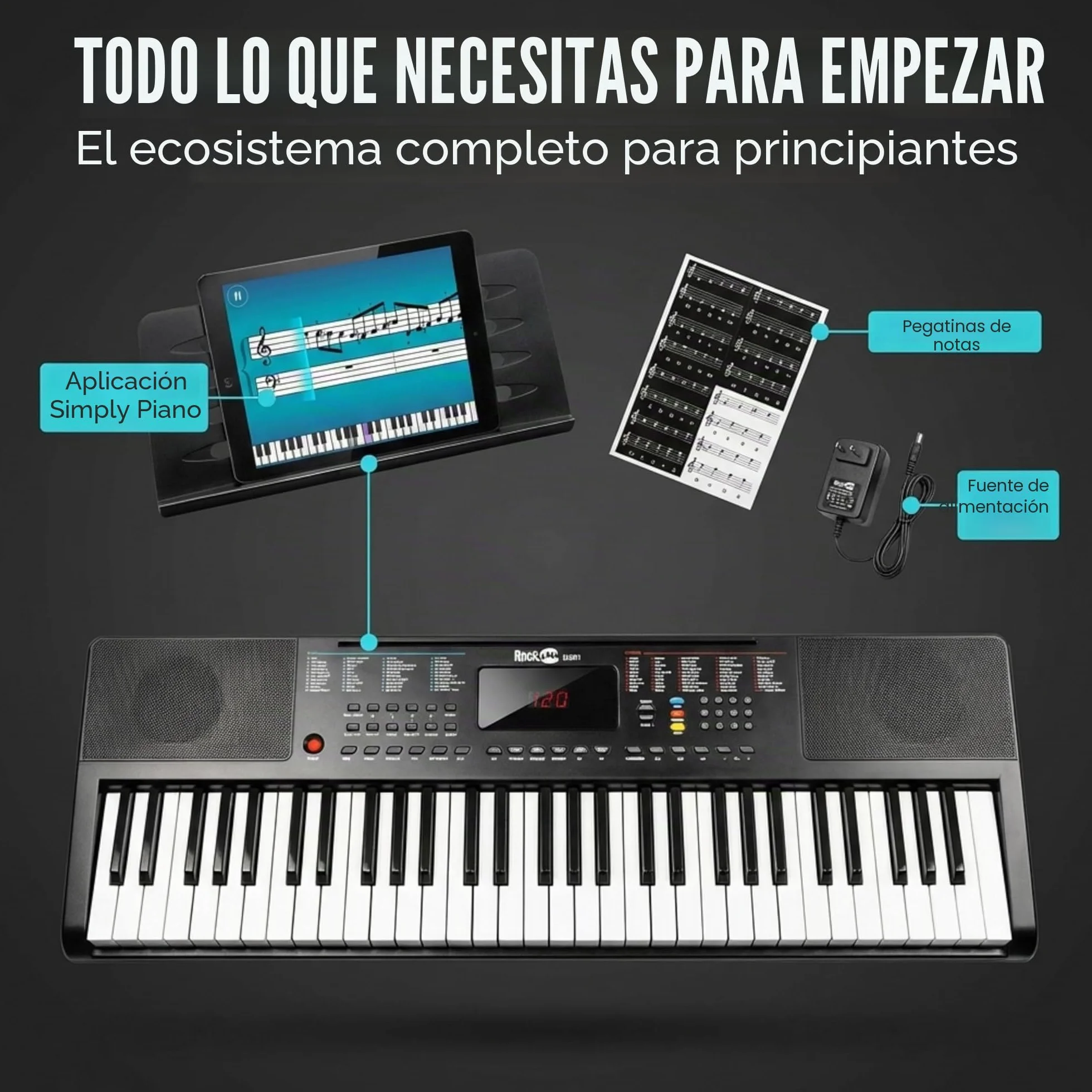 Teclado RockJam compacto de 61 teclas con soporte para partituras, fuente de alimentación, pegatinas para notas de piano y lecciones de piano simples