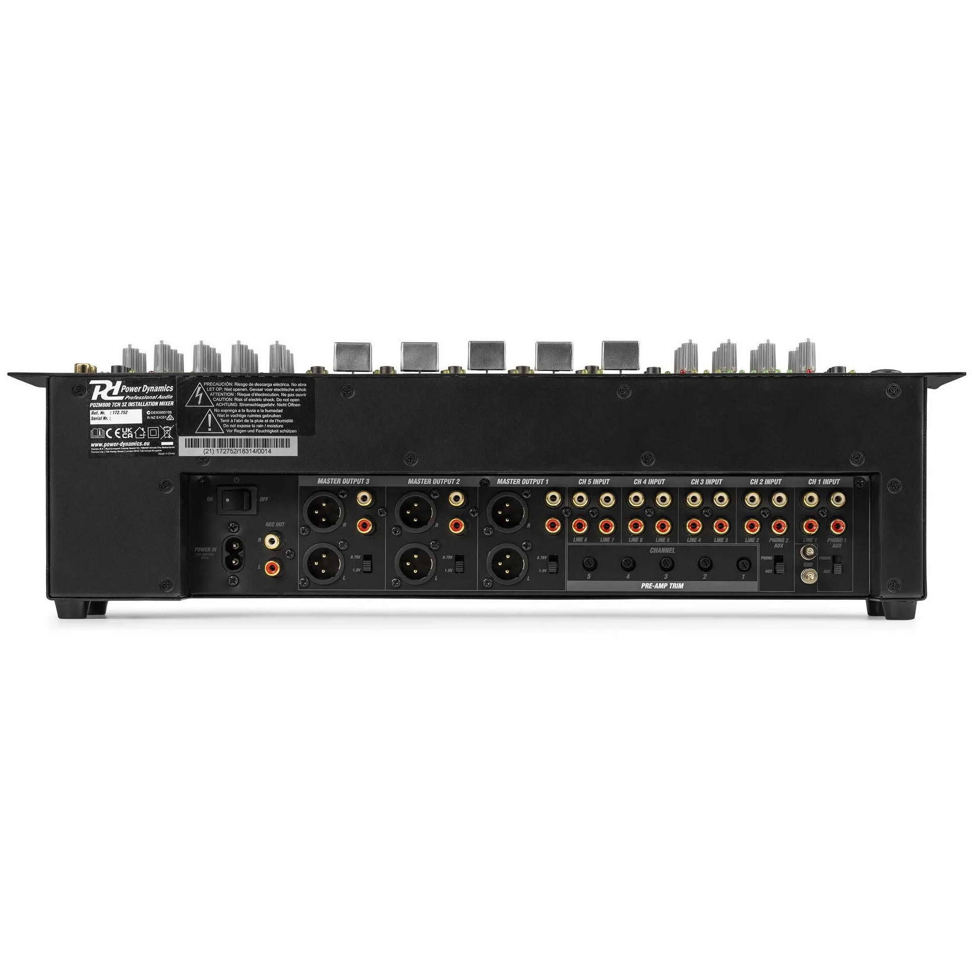 Power Dynamics PDZM800 Mezclador de audio, Mezclador de 3 zonas, instalaciones de altavoces, procesador DSP, 5 entradas + 2 canales de entrada MIC, talkover, CUE, rack 19» 2U, XLR, jack, +48V phantom