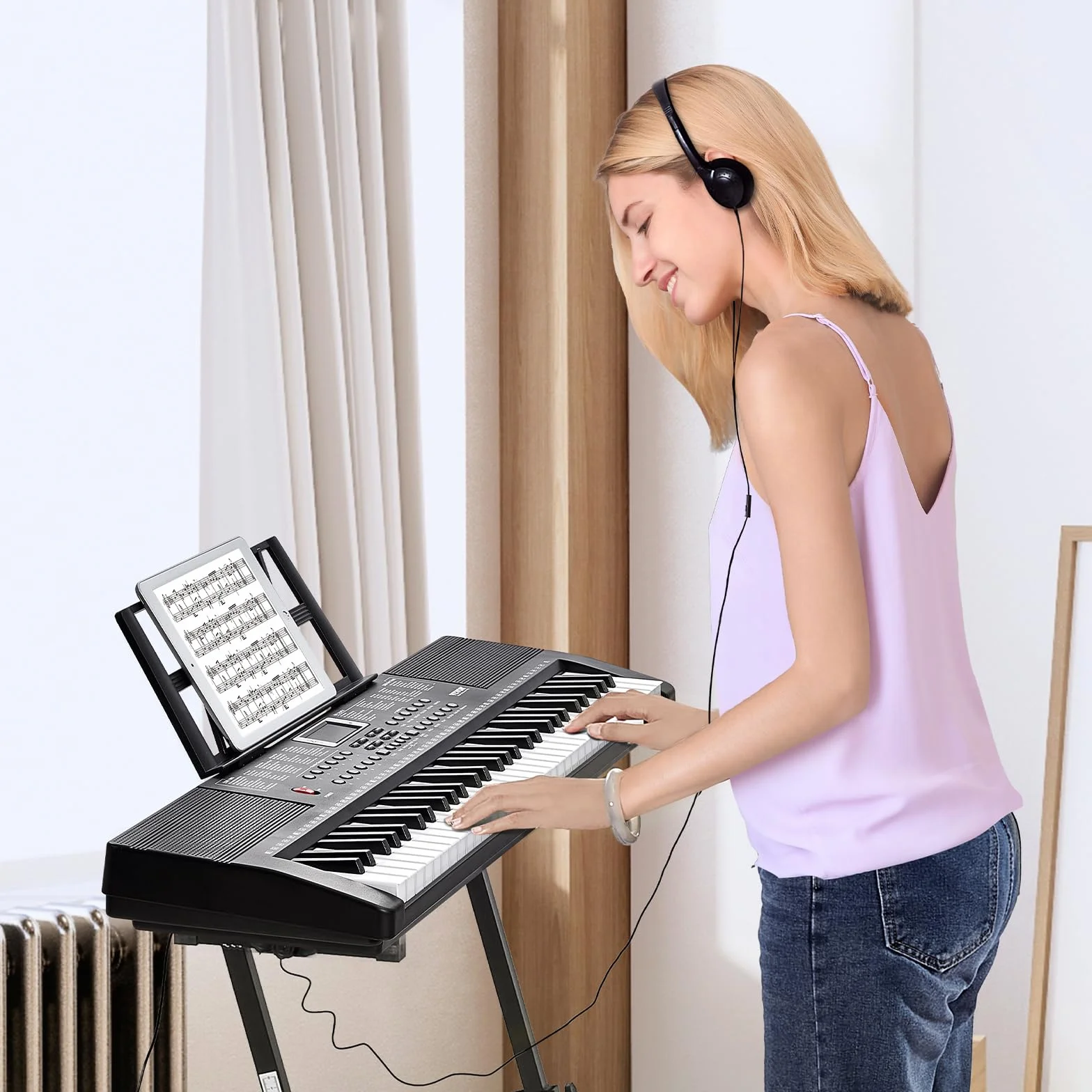 VEVOR 61 Teclas Piano de Teclado Digital Portátil 200 Tonos, 200 Ritmos con 60 Canciones de Demostración, Altavoces Duales Integrados, Auriculares, Micrófono y Pegatinas de Piano para Principiantes