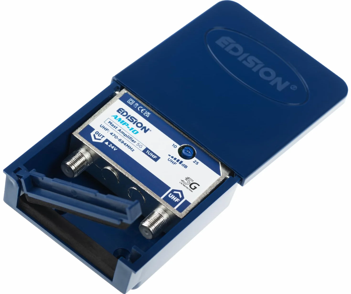EDISION MAK-100 Kit: Amplificador Antena TV de mástil 1UHF, 10-25db, 107dBmV, 24V, para Digital Terrestre DVB-T/T2, con Filtro 5G LTE, + Fuente de Alimentación 24V 200mA F 2 Salidas
