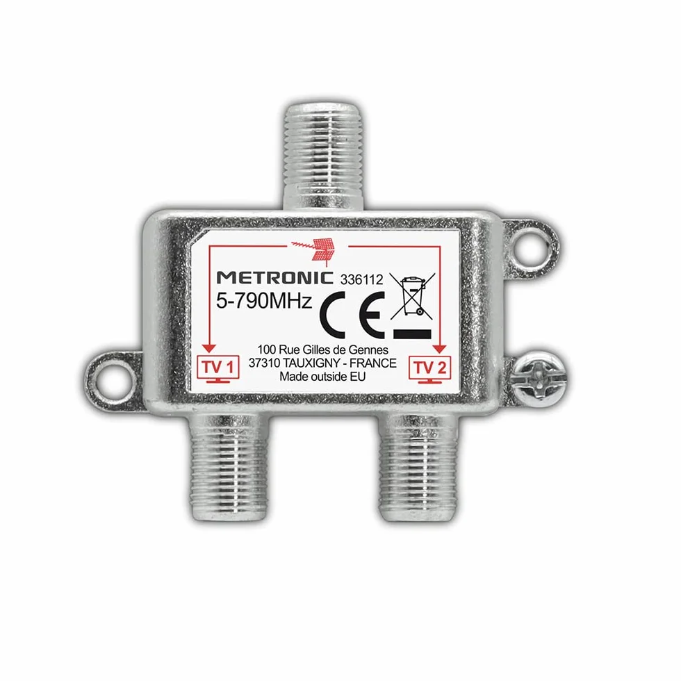Metronic - Divisor de Antena de TV TDT, 2 Salidas, Conector F, Splitter, acoplador para 2 televisores- 336112