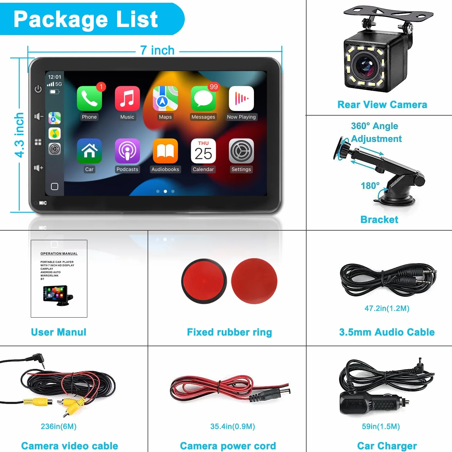 Pantalla Coche con CarPlay y Android Auto Inalámbrica - Pantalla Carplay de 7 Pulgadas con Mirror Link - Portátil Radio Coche con Asistencia de Voz/FM/AUX/Cámara Trasera