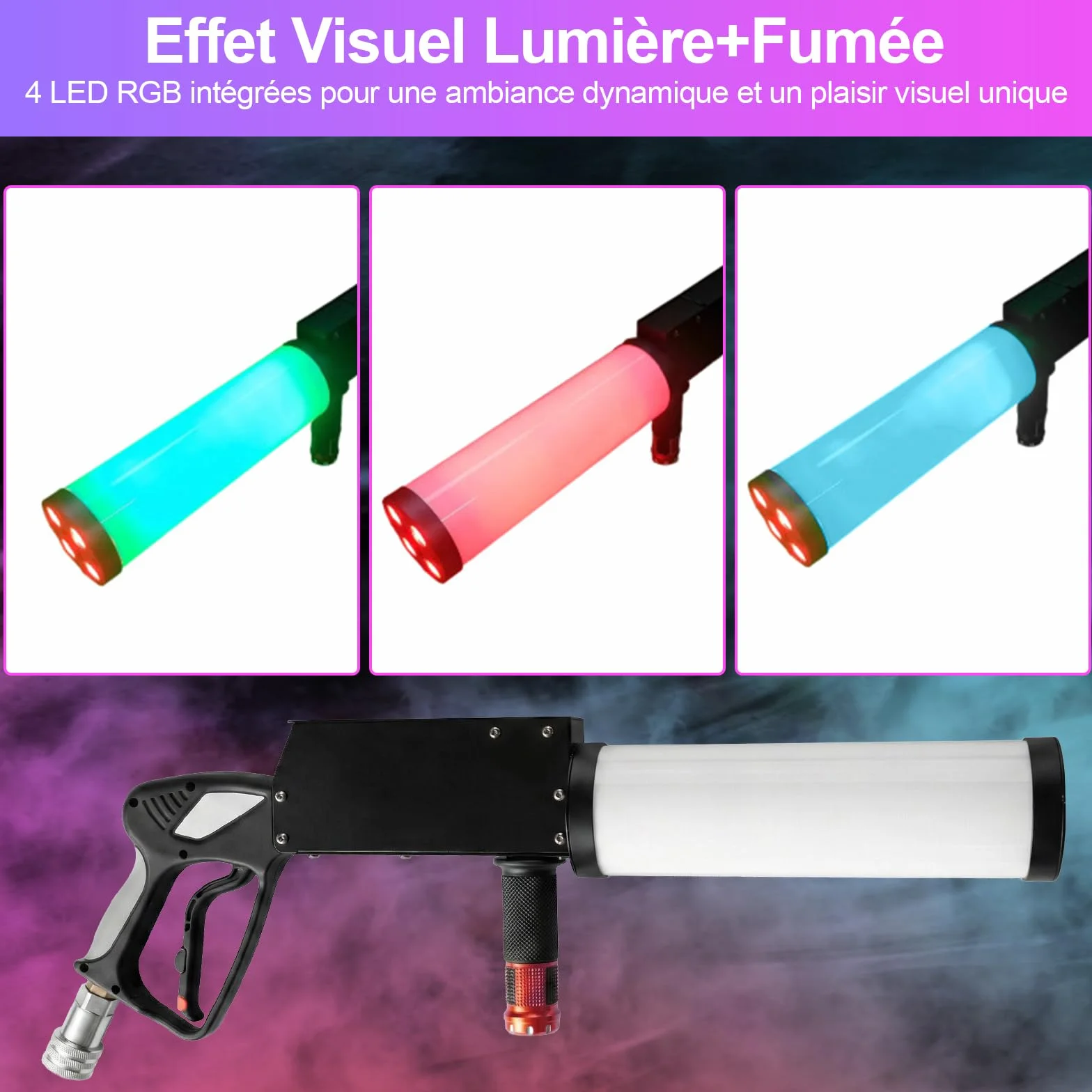 Máquina de Humo CO2 Portátil YUZINO, Pistola de Humo con 4 LED RGB y Tubo de 3 m, Alcance de 6-8 m - Ideal para Bares, DJ, Fiestas, Conciertos, Bodas, Halloween y Navidad - Material para Espectáculos