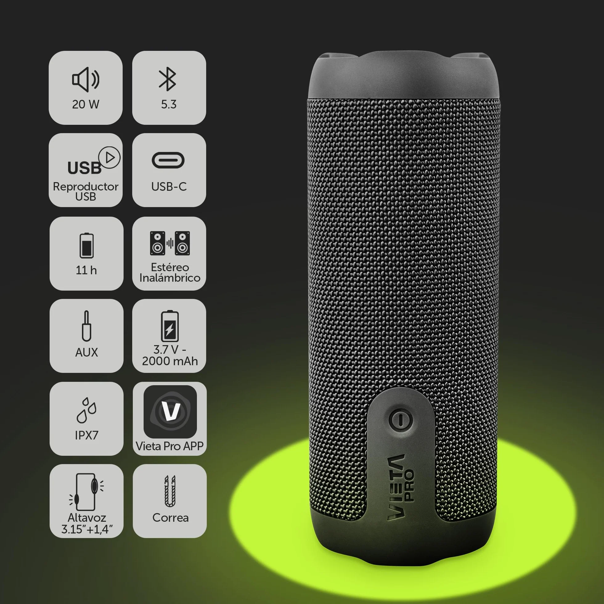 Vieta Pro Moon 2 Altavoz Bluetooth 5.3 20W Portátil Impermeable IPX7 TWS Batería 11h USB