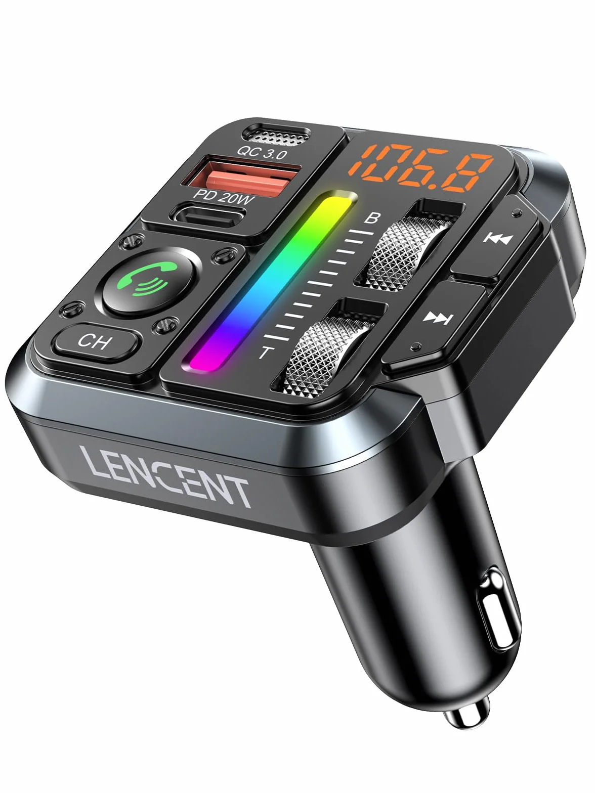 LENCENT Transmisor FM Bluetooth 5.3 para Coche, Reproductor Música con Sonido de Agudos y Graves Ajustable, Adaptador Radio Carga Rápida PD 20W y QC 3.0, Llamadas Manos Libres, Siri Google Assistante