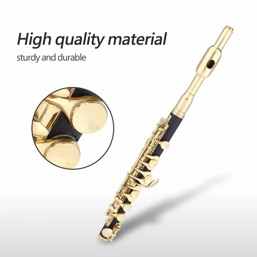 Kit de Instrumentos Piccolo, 2 Colores Flauta Piccolo de Tamaño Medio Tono de Tecla C con Caja Acolchada para Estudiantes Principiantes (Oro)
