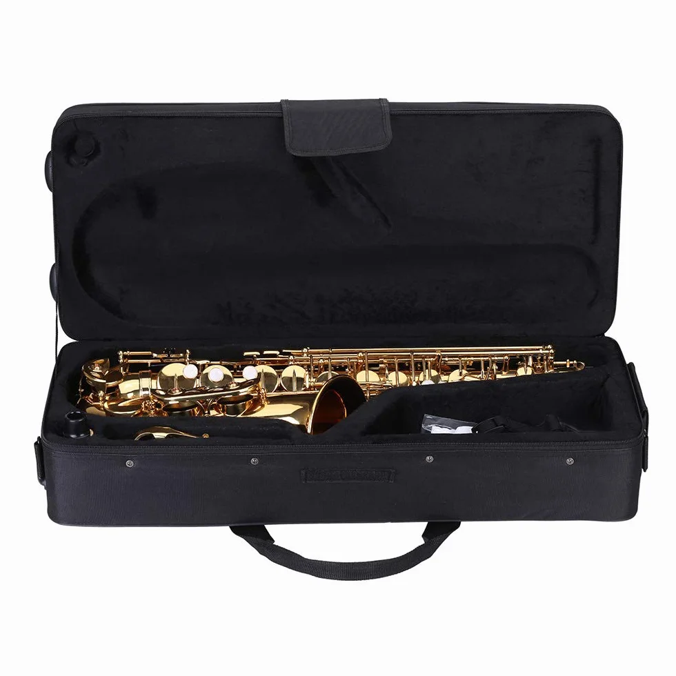 Saxofón alto en Mi bemol de latón chapado en oro, instrumento de viento madera con llave, cepillo y paño de limpieza, guantes, correa acolchada y funda